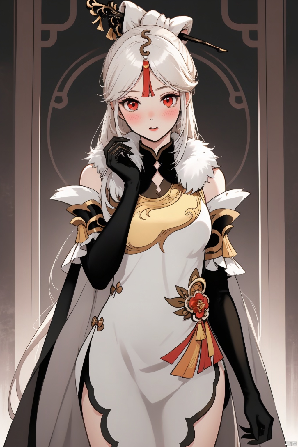 ningguang, 1girl, ningguang \(genshin impact\), solo, long hair, hair ornament, dress, red eyes, gloves, breasts, chinese clothes, elbow gloves, looking at viewer, white hair, bangs, black gloves, china dress, hairpin, parted bangs, hair stick, detached sleeves, sidelocks, white dress, tassel, very long hair, fur collar, claw ring, pelvic curtain, blush, parted lips, side slit, fur trim