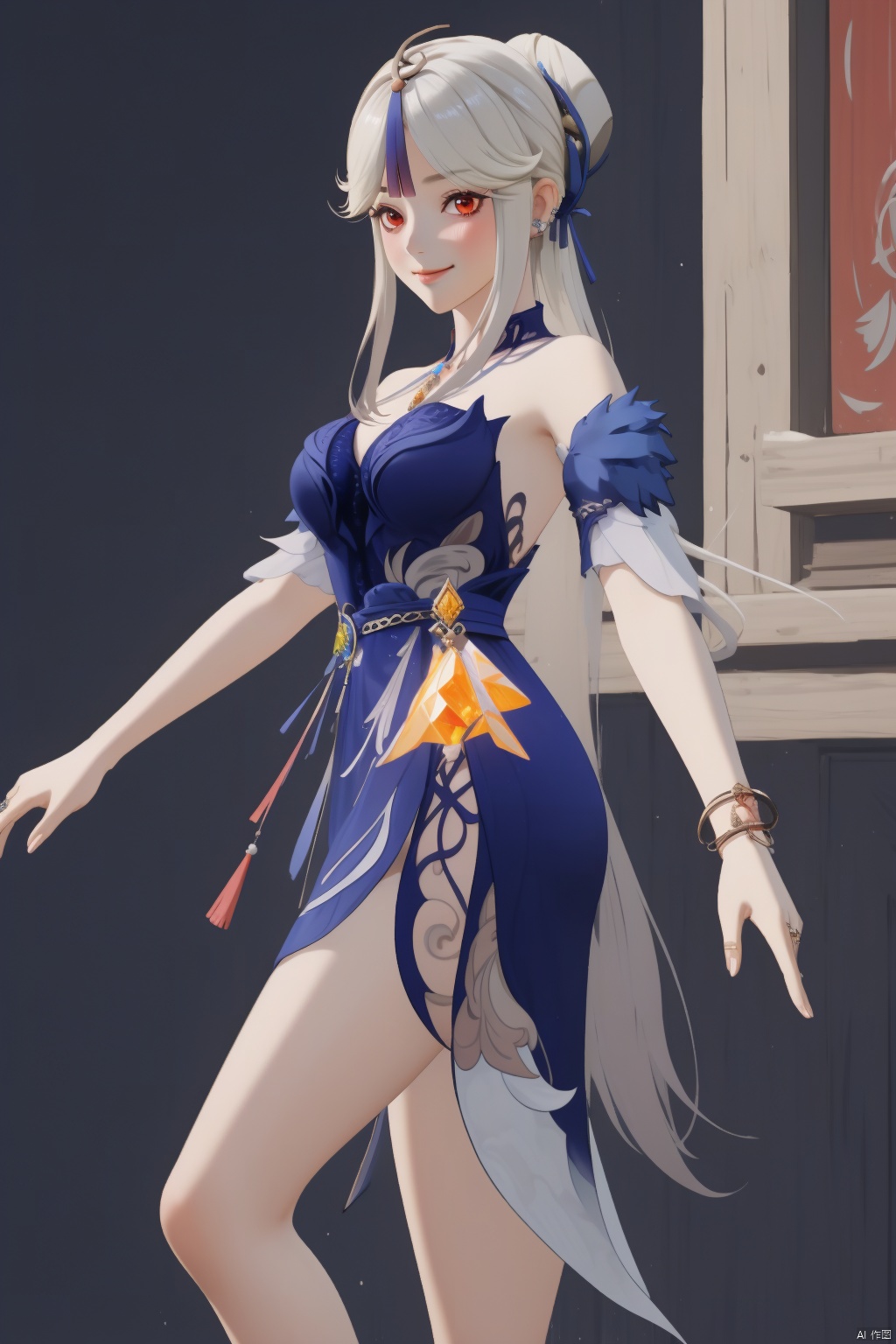 ningguang, 1girl, ningguang \(genshin impact\), long hair, solo, official alternate costume, dress, breasts, vision \(genshin impact\), tassel hair ornament, hair ornament, red eyes, looking at viewer, blue dress, jewelry, bangs, bare shoulders, smile, tassel, very long hair, high heels, parted bangs, bracelet, closed mouth, white hair, half updo, detached sleeves, medium breasts, bare legs, gem, multicolored clothes, thighs