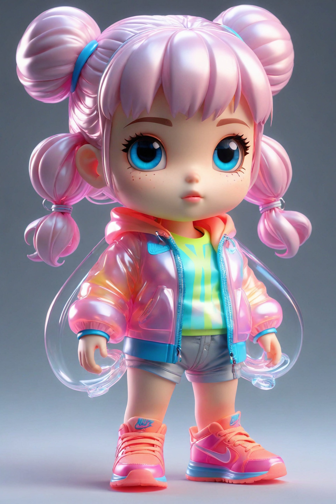 cute little girl wrapped in transparent plastic,  chibi,  fluorescent translucent sports fashion trend clothing on Tensor.Art