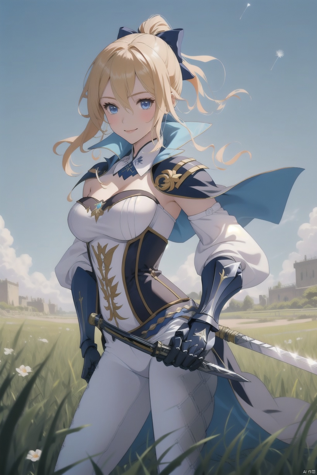 jean, 1girl, jean \(genshin impact\), breasts, white pants, weapon, sword, blonde hair, solo, cleavage, capelet, holding weapon, blue eyes, holding sword, sky, pants, ponytail, outdoors, holding, smile, long hair, grass, bangs, blue sky, hair bow, sheath, unsheathing, dandelion, sidelocks, day, gauntlets, bow, hair between eyes, cloud, blue capelet, bird, tight, medium breasts, tight pants, strapless, standing, detached sleeves, detached collar, corset, flower