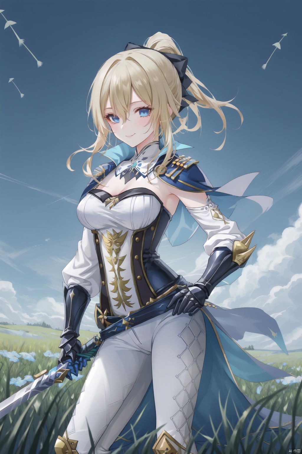 jean, 1girl, jean \(genshin impact\), breasts, white pants, weapon, sword, blonde hair, solo, cleavage, capelet, holding weapon, blue eyes, holding sword, sky, pants, ponytail, outdoors, holding, smile, long hair, grass, bangs, blue sky, hair bow, sheath, unsheathing, dandelion, sidelocks, day, gauntlets, bow, hair between eyes, cloud, blue capelet, bird, tight, medium breasts, tight pants, strapless, standing, detached sleeves, detached collar, corset, flower