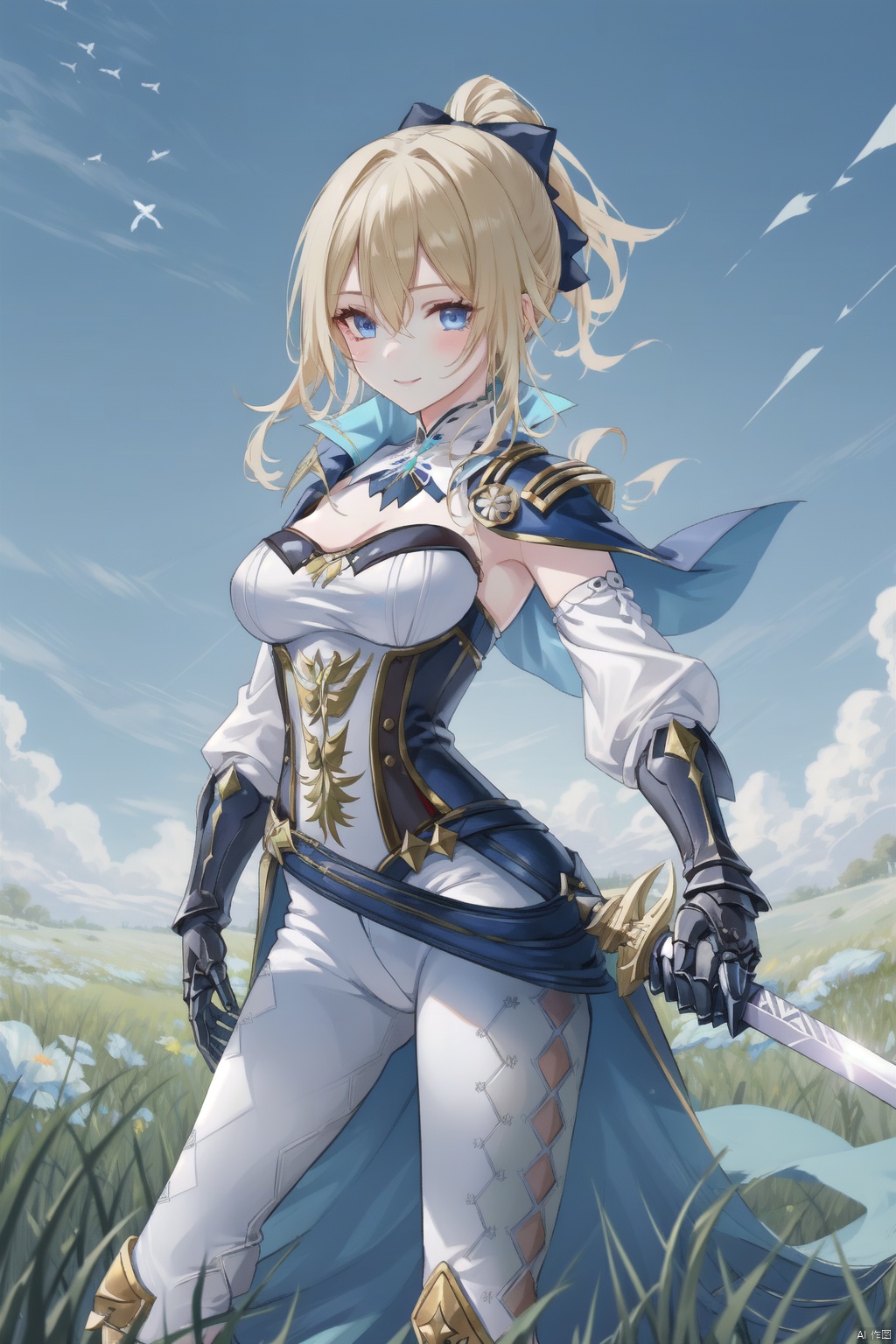 jean, 1girl, jean \(genshin impact\), breasts, white pants, weapon, sword, blonde hair, solo, cleavage, capelet, holding weapon, blue eyes, holding sword, sky, pants, ponytail, outdoors, holding, smile, long hair, grass, bangs, blue sky, hair bow, sheath, unsheathing, dandelion, sidelocks, day, gauntlets, bow, hair between eyes, cloud, blue capelet, bird, tight, medium breasts, tight pants, strapless, standing, detached sleeves, detached collar, corset, flower