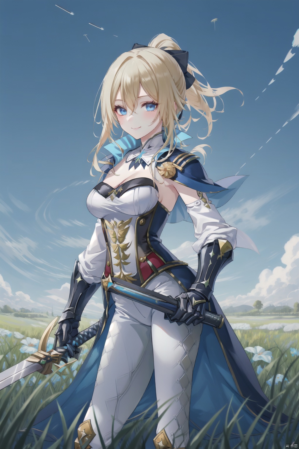 jean, 1girl, jean \(genshin impact\), breasts, white pants, weapon, sword, blonde hair, solo, cleavage, capelet, holding weapon, blue eyes, holding sword, sky, pants, ponytail, outdoors, holding, smile, long hair, grass, bangs, blue sky, hair bow, sheath, unsheathing, dandelion, sidelocks, day, gauntlets, bow, hair between eyes, cloud, blue capelet, bird, tight, medium breasts, tight pants, strapless, standing, detached sleeves, detached collar, corset, flower