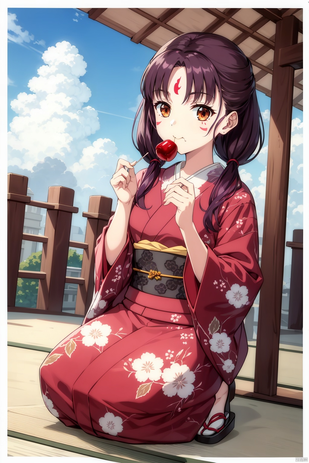 Full body shot.,Full body shot.,1girl, solo, long hair, looking at viewer, twintails, brown eyes, purple hair, food, japanese clothes, sky, day, cloud, kimono, low twintails, facial mark, eating, hair over shoulder, forehead mark, forehead jewel, candy apple,Full body shot.,