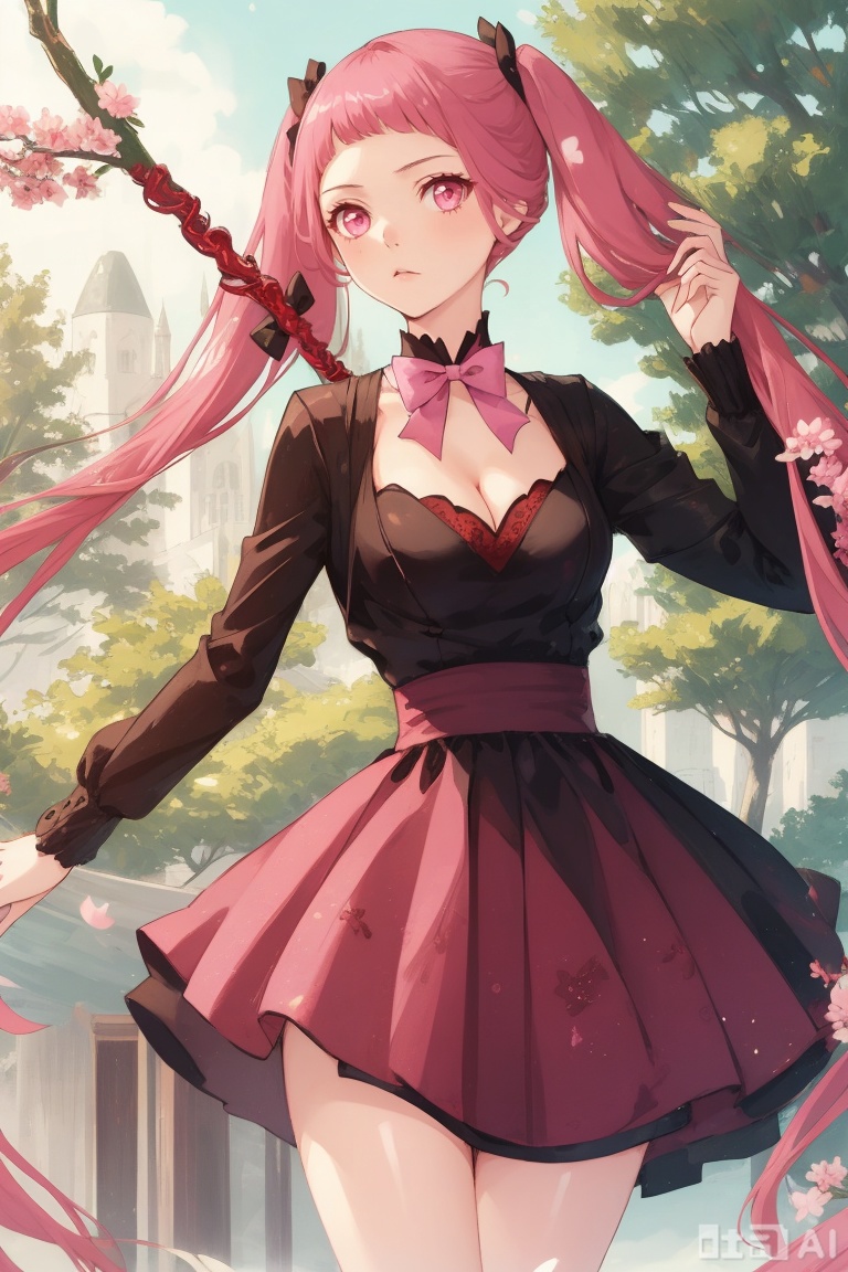 1girl, solo, long hair, breasts, looking at viewer, bangs, long sleeves, bow, cleavage, twintails, medium breasts, very long hair, closed mouth, pink hair, outdoors, alternate costume, bowtie, pink eyes, tree, pink bow, hilda valentine goneril