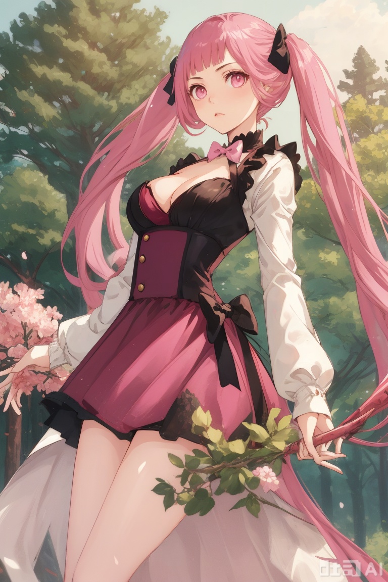 1girl, solo, long hair, breasts, looking at viewer, bangs, long sleeves, bow, cleavage, twintails, medium breasts, very long hair, closed mouth, pink hair, outdoors, alternate costume, bowtie, pink eyes, tree, pink bow, hilda valentine goneril