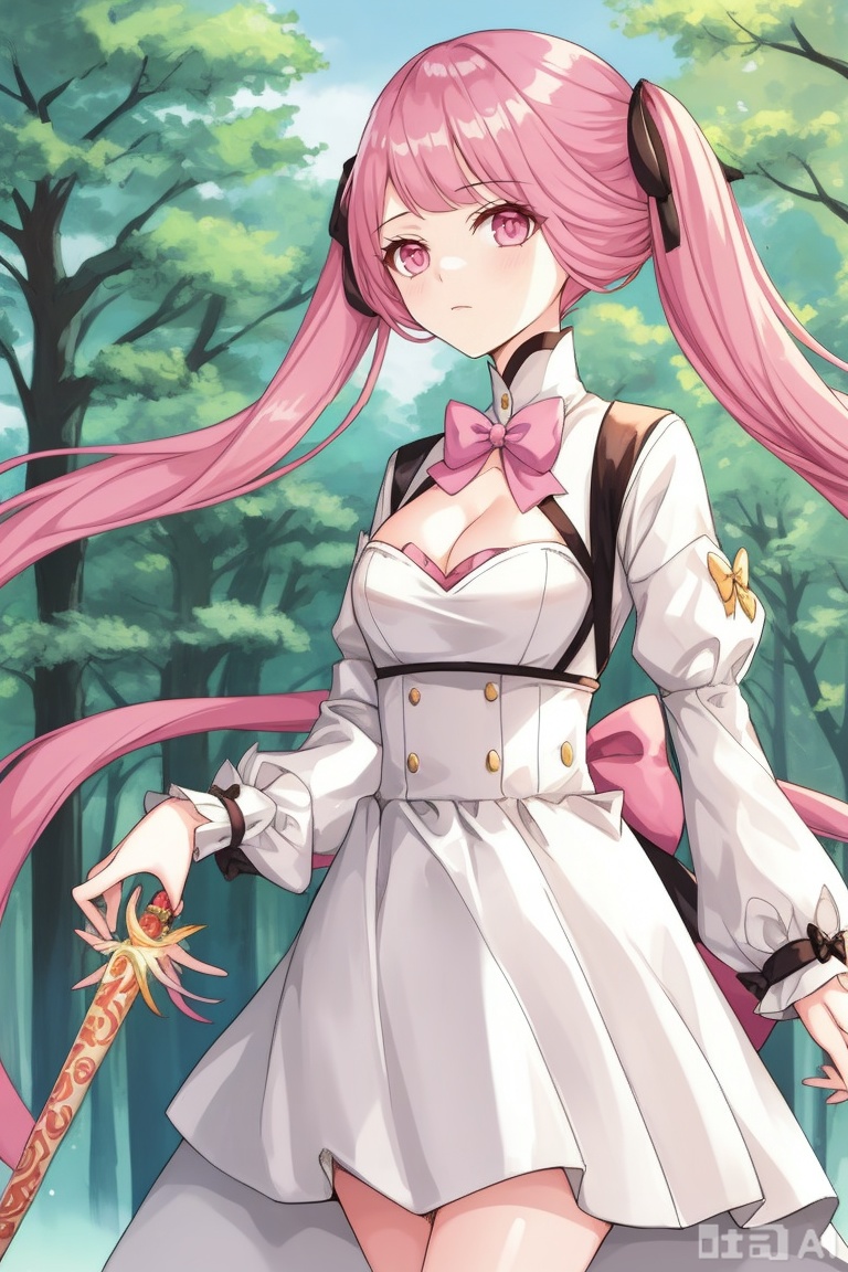 1girl, solo, long hair, breasts, looking at viewer, bangs, long sleeves, bow, cleavage, twintails, medium breasts, very long hair, closed mouth, pink hair, outdoors, alternate costume, bowtie, pink eyes, tree, pink bow, hilda valentine goneril