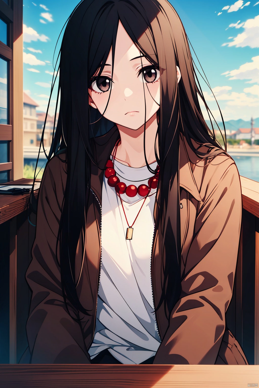  masterpiece,best quality,,,black hair,sky,1girl,black eyes,male focus,looking at viewer,outdoors,black eyes,solo,long hair,coffee,jacket,looking at viewer,white shirt,red bead necklace,long sleeves,brown jacket,