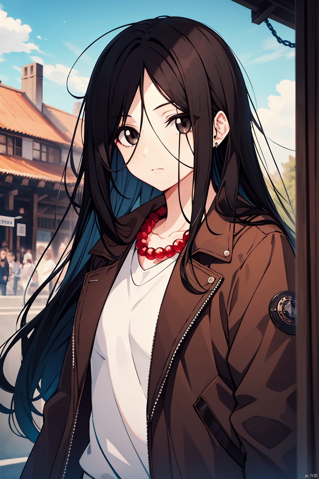  masterpiece,best quality,,,black hair,sky,1girl,black eyes,male focus,looking at viewer,outdoors,black eyes,solo,long hair,coffee,jacket,looking at viewer,white shirt,red bead necklace,long sleeves,brown jacket,