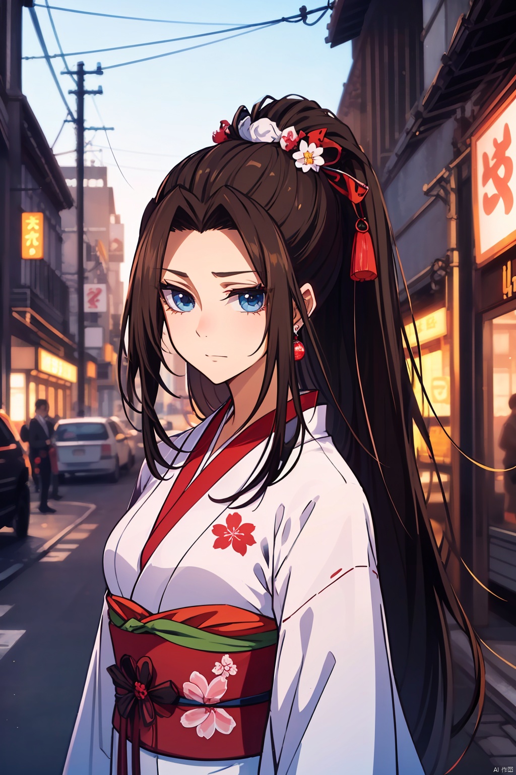  masterpiece,best quality,,,cityscape, japanese_clothes, jewelry, long_hair, looking_at_viewer, photo_background, solo