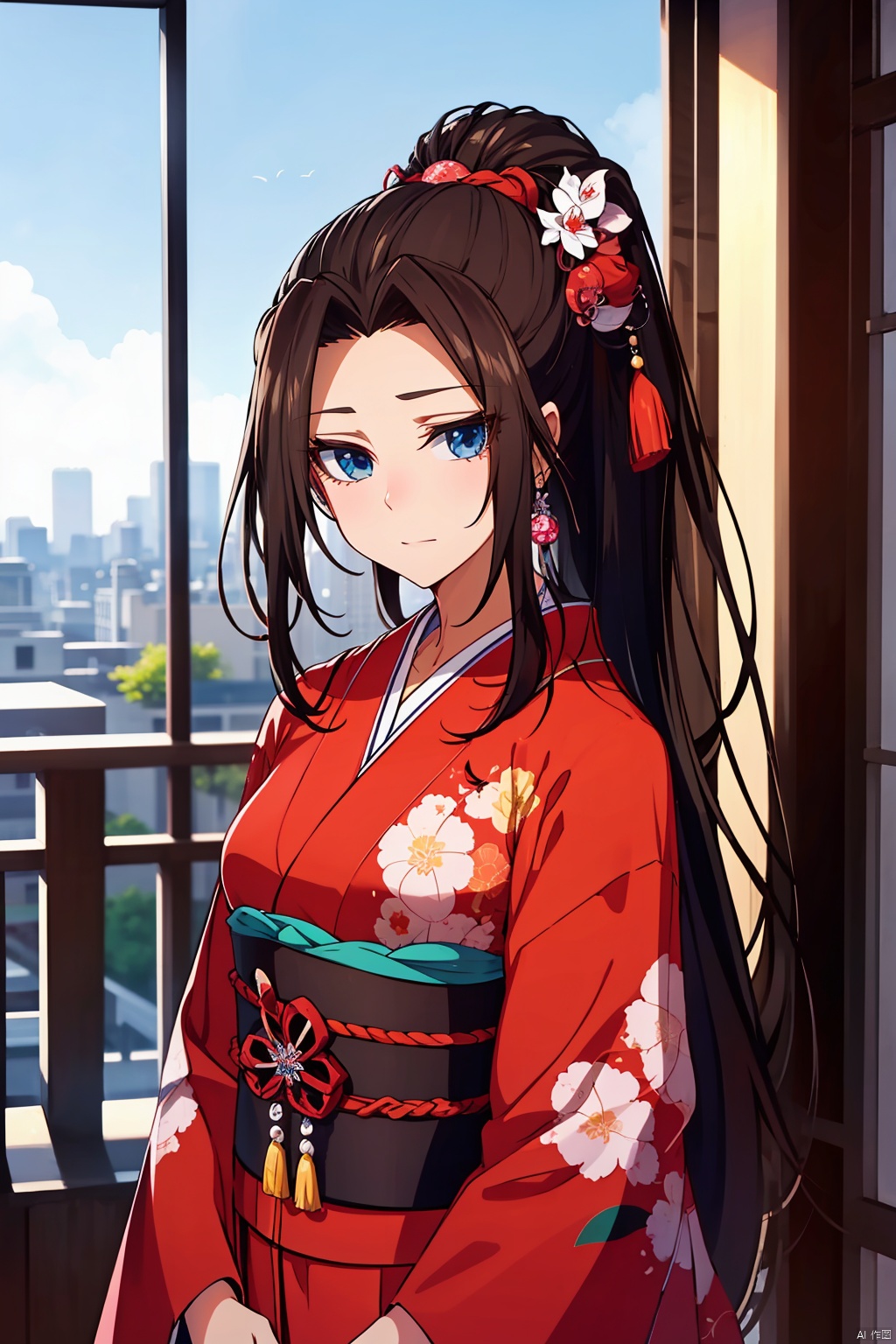  masterpiece,best quality,,,cityscape, japanese_clothes, jewelry, long_hair, looking_at_viewer, photo_background, solo