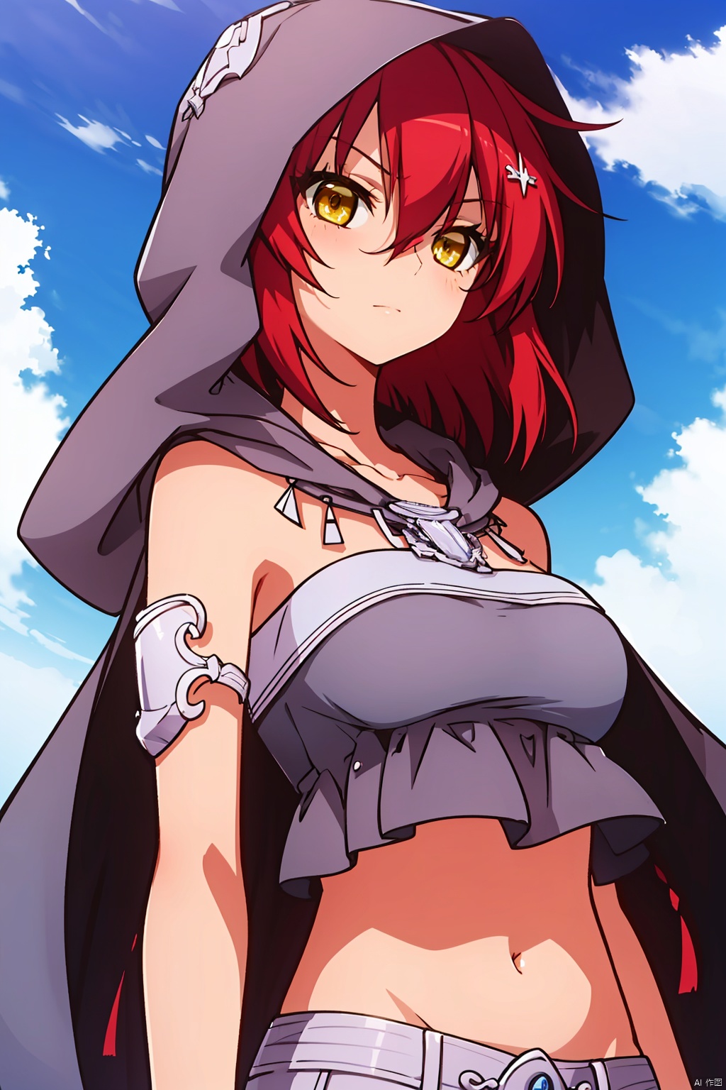  masterpiece,best quality,,,1girl,solo,yellow eyes,red hair,jewelry,sky,day,cloud,necklace,short hair,tattered darkgray,hood,bare shoulders,looking at viewer,
