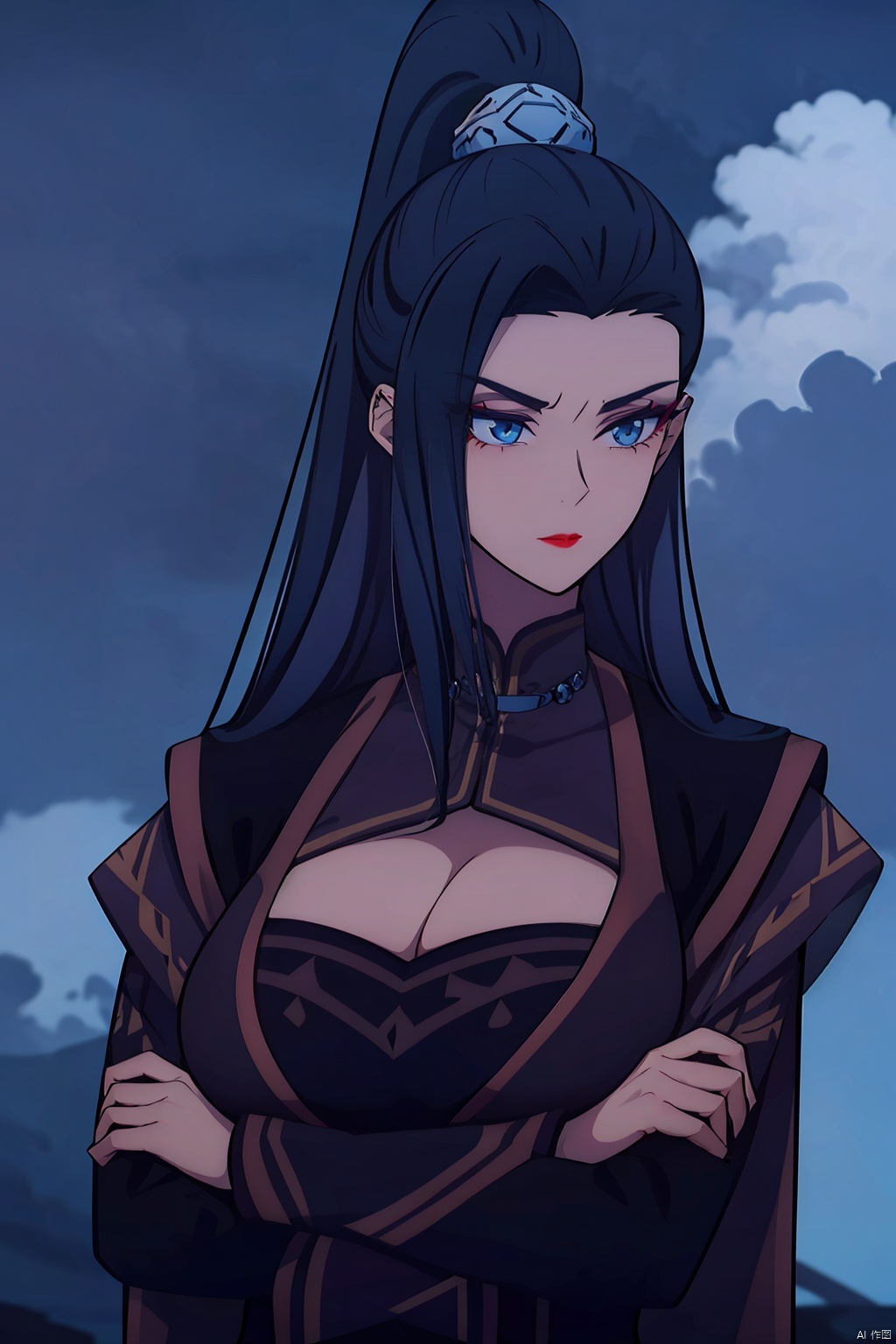  Masterpiece,(Best Quality),extremely detailed,,1girl,solo,long hair,black hair,breasts,ponytail,cleavage,crossed arms,cleavage cutout,sky,night,clothing cutout,looking to the side,blue eyes,hair ornament,upper body,makeup,red lips,cloud,