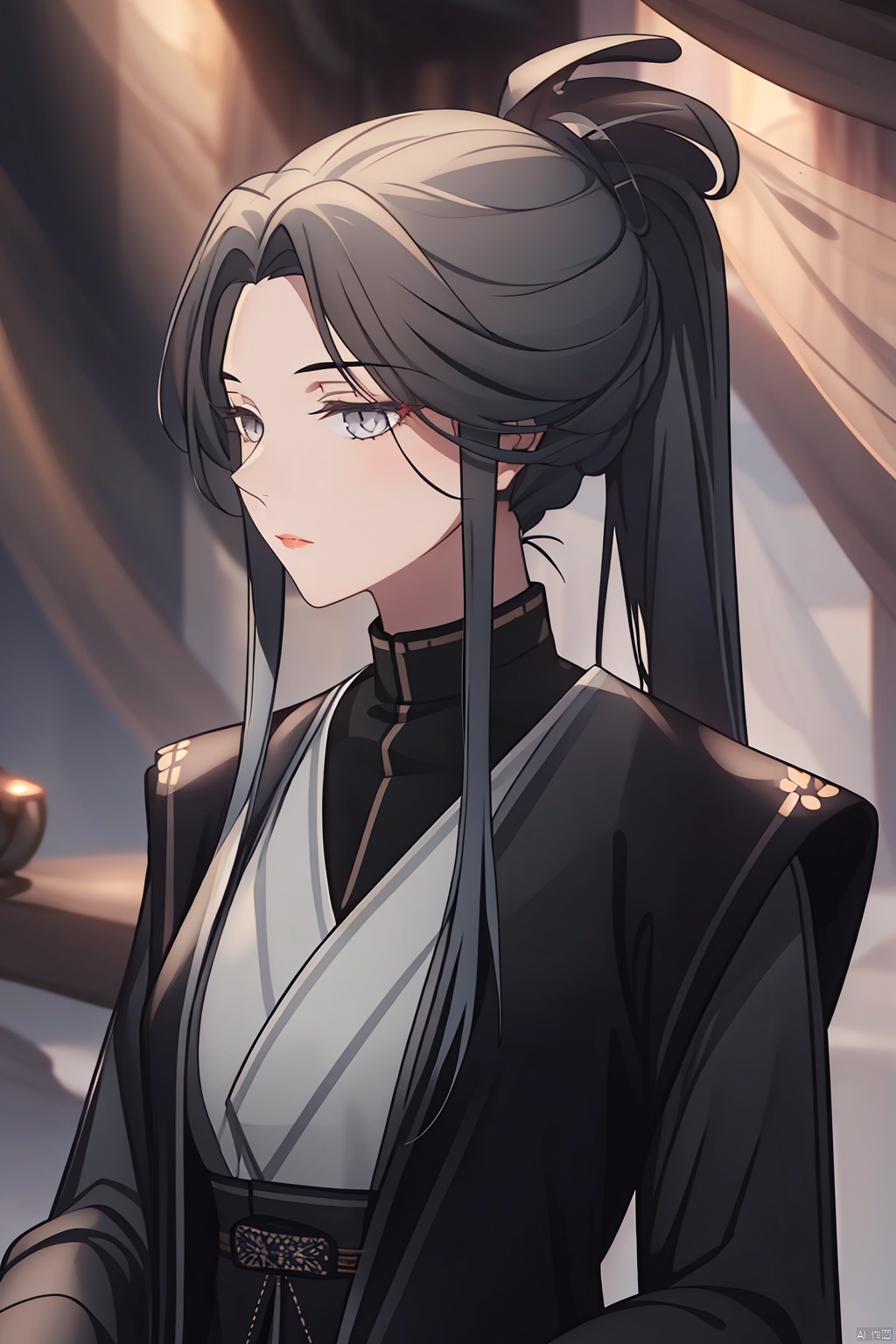  masterpiece,best quality,,,solo,1girl,long hair,ponytail,grey eyes,sidelocks,black hair,long sleeves,