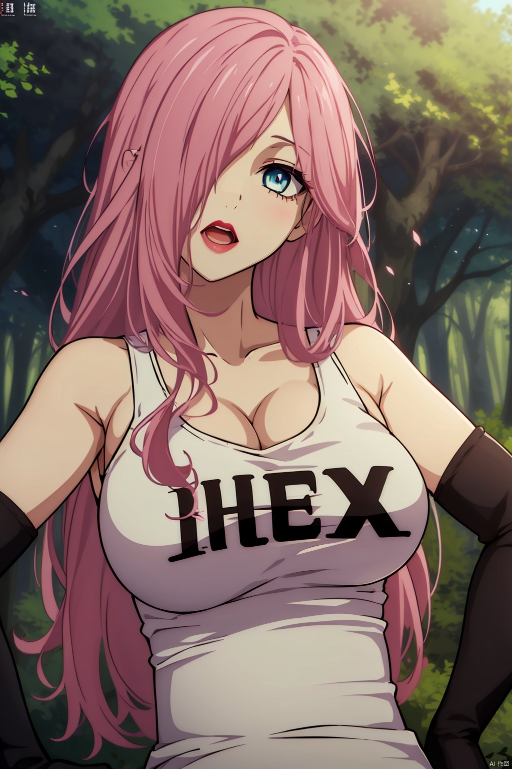  masterpiece,best quality,,,1girl,breasts,solo,long hair,pink hair,cleavage,hair over one eye,large breasts,**** top,clothes writing,nature,forest,open mouth,lipstick,makeup,gloves,blue eyes,tree,subtitled,