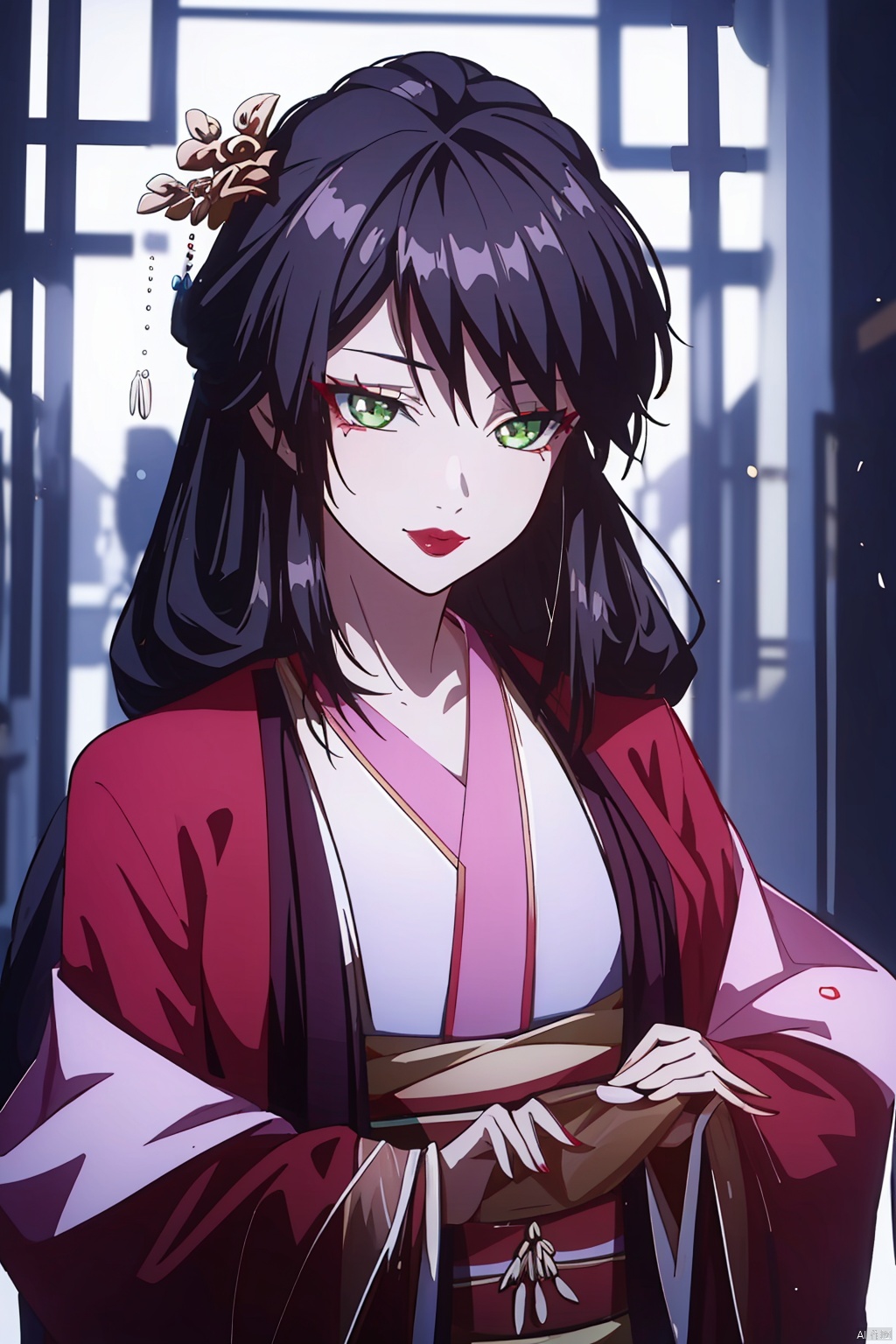  Masterpiece,(Best Quality),extremely detailed,,,1girl,solo,green eyes,hair ornament,black hair,hair stick,long hair,japanese clothes,makeup,lipstick,upper body,kimono,smile,