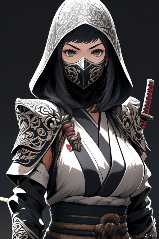 ninja, 1girl, solo, looking at viewer, gloves, black gloves, sword, hood, armor, mask, katana, shoulder armor, mouth mask, japanese armor, (masterpiece, best quality, perfect composition, very aesthetic, absurdres, ultra-detailed, intricate details, Professional, official art, Representative work:1.3)