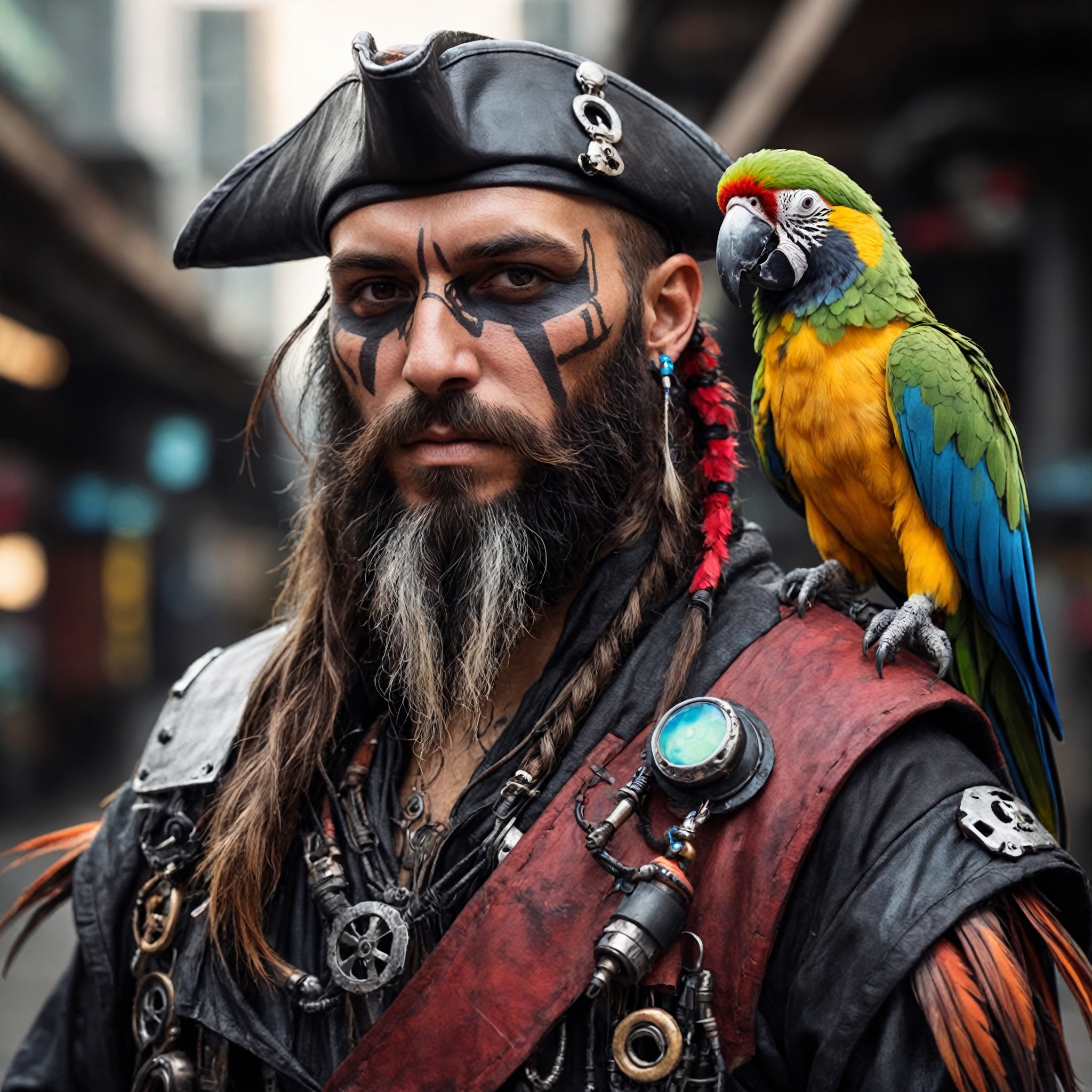face portrait of a cyberpunk pirate woth a parrot on his shoulders,  long beard,  best quality on Tensor.Art