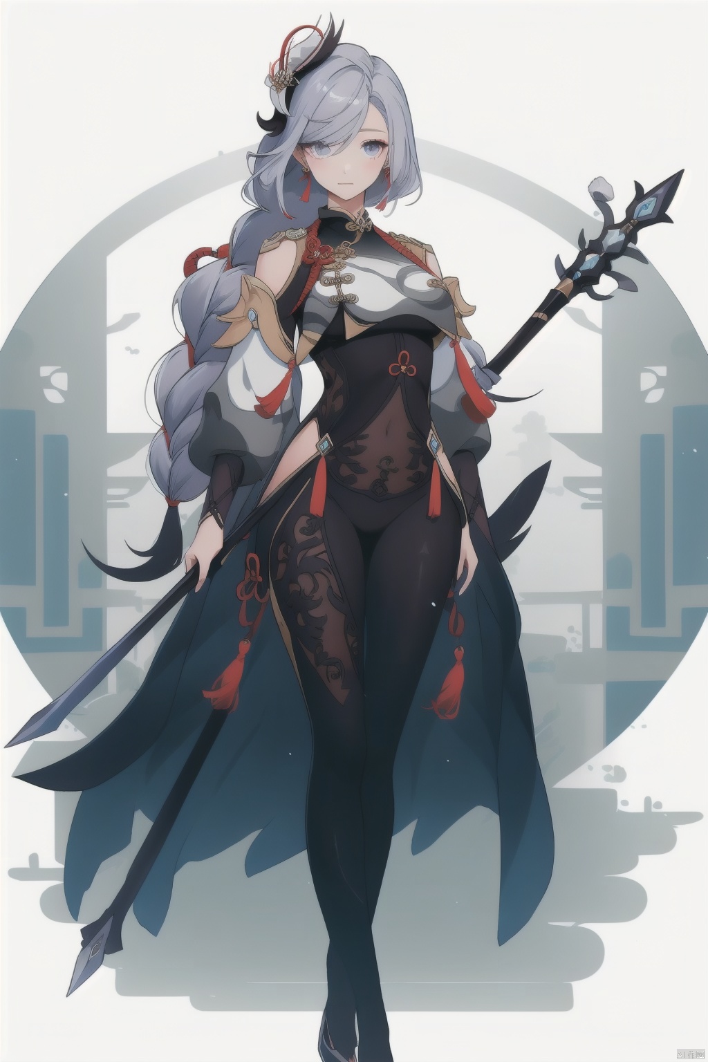 shenhe, 1girl, shenhe \(genshin impact\), weapon, hair over one eye, solo, long hair, bodysuit, braid, polearm, hip vent, full body, breasts, breast curtain, hair ornament, jewelry, earrings, holding, holding weapon, gloves, tassel, clothing cutout, toenails, grey hair, chinese clothes, white hair, looking at viewer, braided ponytail, tassel earrings, holding polearm, bangs, covered navel, closed mouth