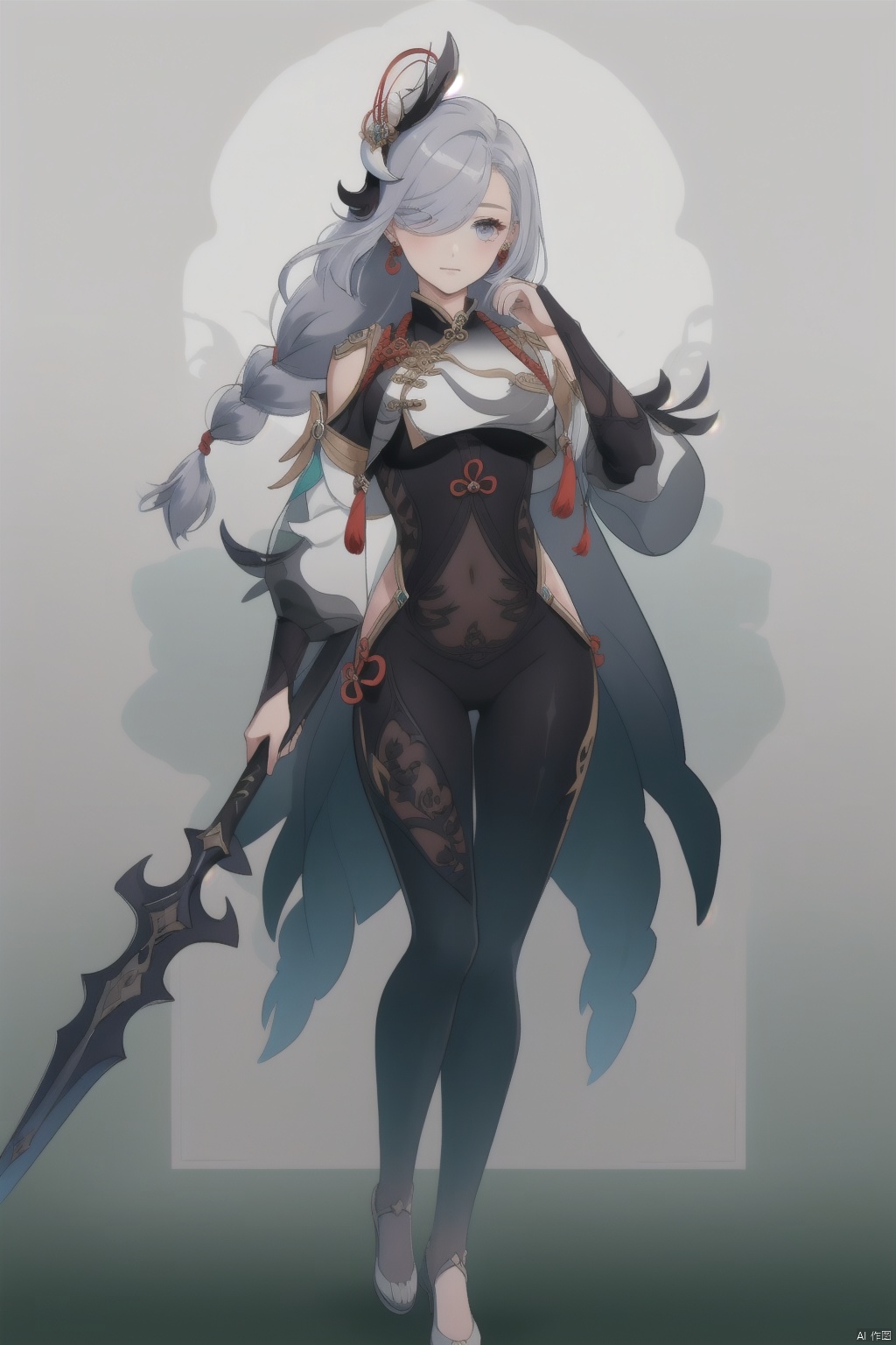 shenhe, 1girl, shenhe \(genshin impact\), weapon, hair over one eye, solo, long hair, bodysuit, braid, polearm, hip vent, full body, breasts, breast curtain, hair ornament, jewelry, earrings, holding, holding weapon, gloves, tassel, clothing cutout, toenails, grey hair, chinese clothes, white hair, looking at viewer, braided ponytail, tassel earrings, holding polearm, bangs, covered navel, closed mouth