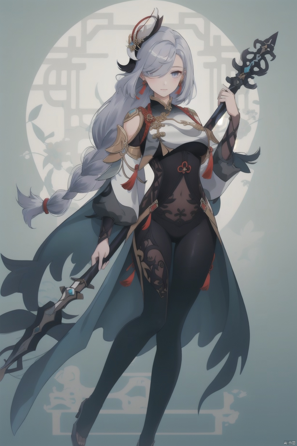 shenhe, 1girl, shenhe \(genshin impact\), weapon, hair over one eye, solo, long hair, bodysuit, braid, polearm, hip vent, full body, breasts, breast curtain, hair ornament, jewelry, earrings, holding, holding weapon, gloves, tassel, clothing cutout, toenails, grey hair, chinese clothes, white hair, looking at viewer, braided ponytail, tassel earrings, holding polearm, bangs, covered navel, closed mouth
