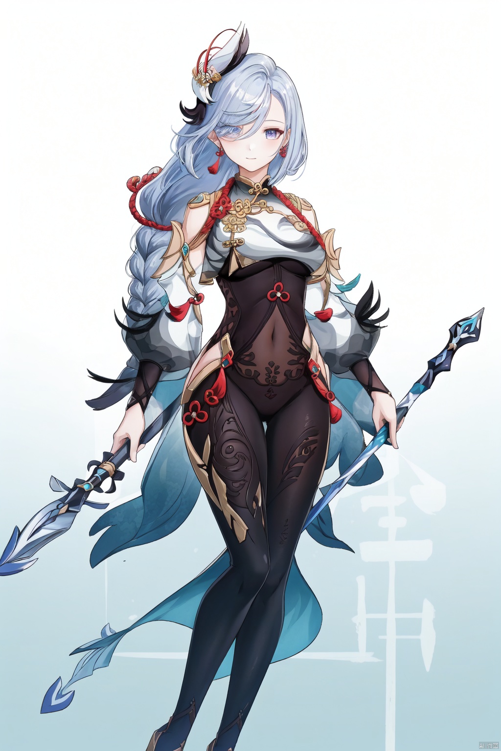 shenhe, 1girl, shenhe \(genshin impact\), weapon, hair over one eye, solo, long hair, bodysuit, braid, polearm, hip vent, full body, breasts, breast curtain, hair ornament, jewelry, earrings, holding, holding weapon, gloves, tassel, clothing cutout, toenails, grey hair, chinese clothes, white hair, looking at viewer, braided ponytail, tassel earrings, holding polearm, bangs, covered navel, closed mouth