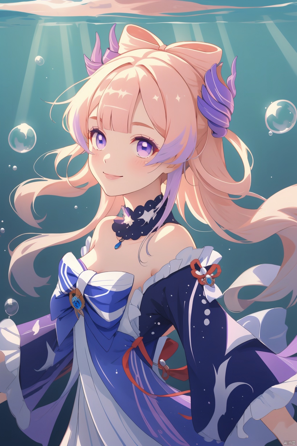 sangonomiya kokomi, 1girl, underwater, bow-shaped hair, smile, pink hair, solo, fish, vision \(genshin impact\), looking at viewer, bare shoulders, long hair, bubble, bangs, blue eyes, multicolored hair, blue hair, swimming, bow, hair ornament, frilled sleeves, frills, blunt bangs, air bubble, purple eyes, breasts, gradient hair, gloves, wide sleeves
