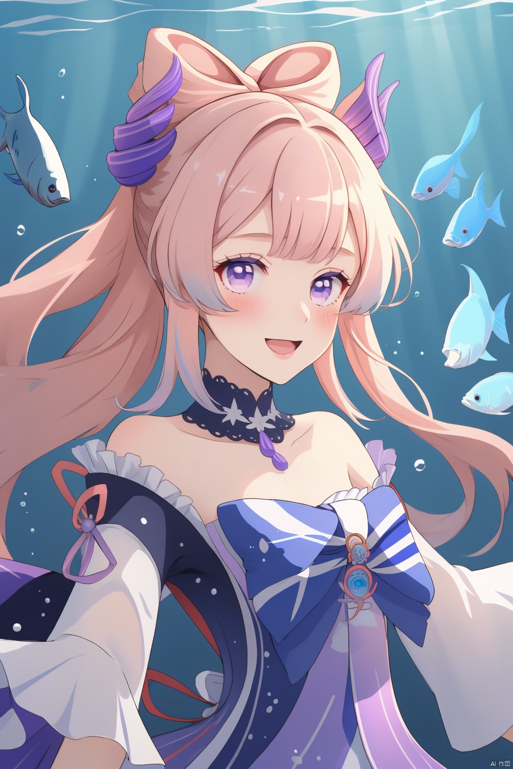 sangonomiya kokomi, 1girl, bow-shaped hair, pink hair, gloves, underwater, solo, fish, white gloves, purple eyes, jellyfish, smile, bangs, looking at viewer, long hair, bare shoulders, bow, vision \(genshin impact\), water, frills, blush, bubble, detached collar, open mouth, wide sleeves, multicolored hair, hair ornament, colored tips, frilled sleeves, detached sleeves