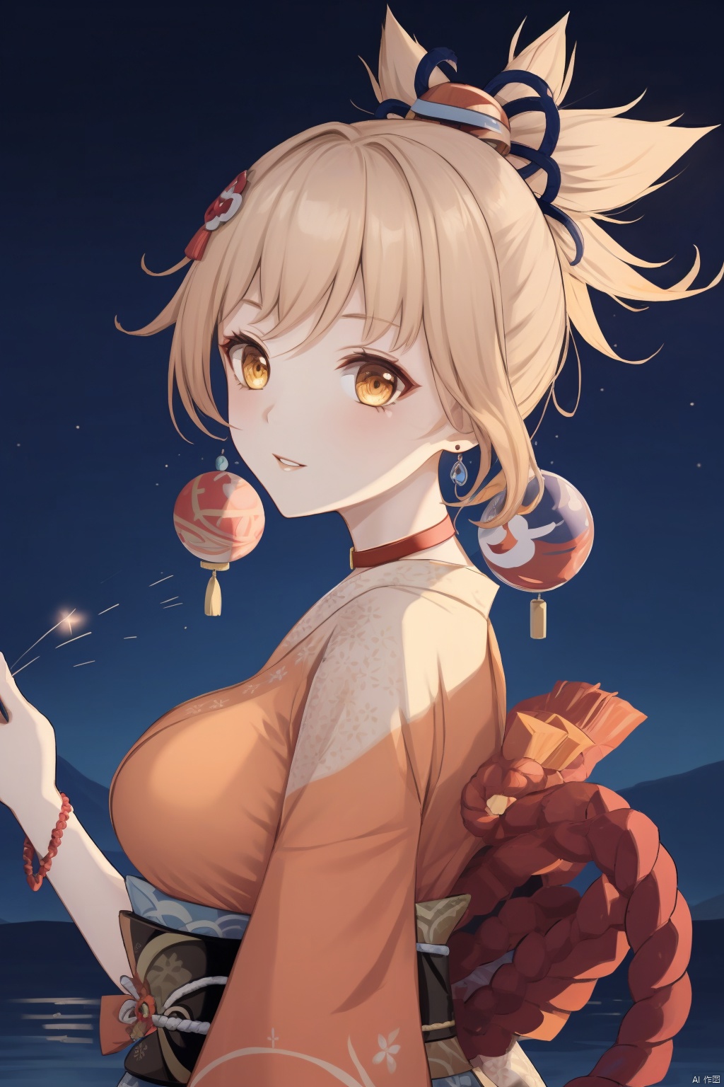  yoimiya, 1girl, yoimiya \(genshin impact\), fireworks, solo, japanese clothes, smile, breasts, kimono, blonde hair, looking at viewer, hair ornament, orange kimono, choker, rope, sarashi, jewelry, orange eyes, shimenawa, red choker, night, pouch, from side, ponytail, upper body, bangs, kinchaku, sky, night sky, medium breasts, earrings, parted lips, bracelet, blush, looking to the side, yellow eyes, outdoors
