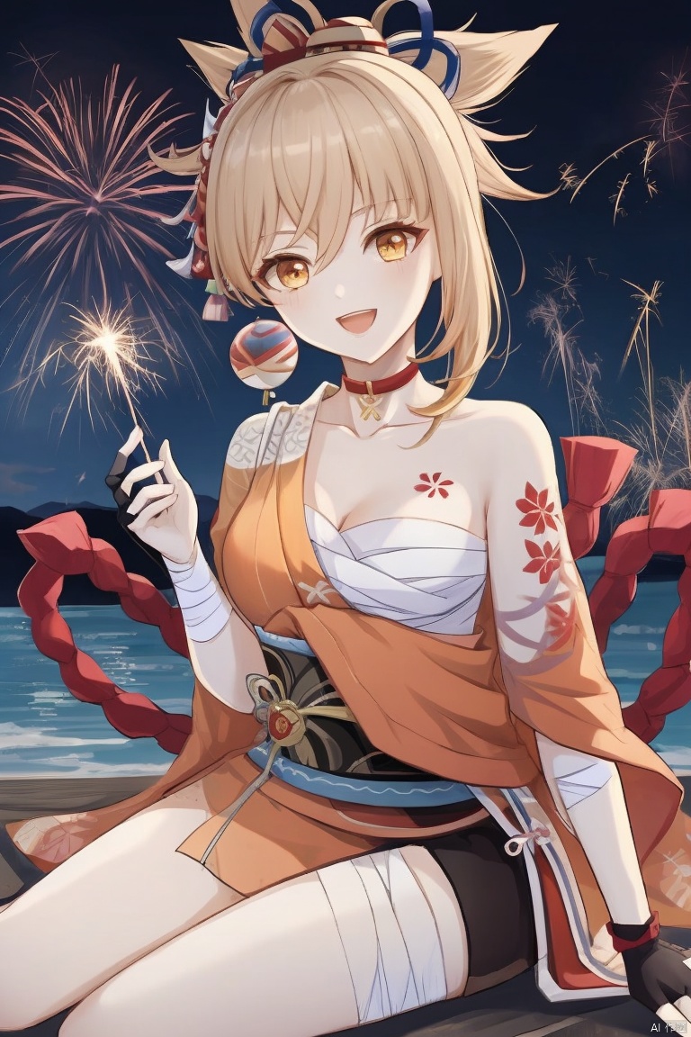 yoimiya , masterpiece,best quality, yoimiya,1girl, solo, breasts, smile, open mouth, bangs, blonde hair, hair ornament, gloves, cleavage, hair between eyes, sitting, yellow eyes, ponytail, :d, japanese clothes, choker, black gloves, fingerless gloves, kimono, orange eyes, sash, tattoo, night, bandages, obi, rope, night sky, sarashi, bandaged arm, vision \(genshin impact\), red choker, arm tattoo, shimenawa, bandaged leg, fireworks, chest tattoo, hadanugi dousa, orange kimono, single fingerless glove, sparkler, yoimiya \(genshin impact\)