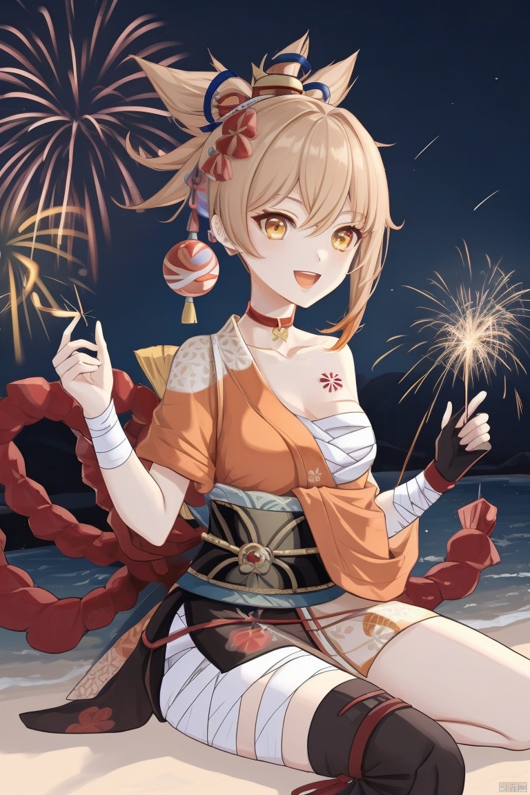 yoimiya , masterpiece,best quality, yoimiya,1girl, solo, breasts, smile, open mouth, bangs, blonde hair, hair ornament, gloves, cleavage, hair between eyes, sitting, yellow eyes, ponytail, :d, japanese clothes, choker, black gloves, fingerless gloves, kimono, orange eyes, sash, tattoo, night, bandages, obi, rope, night sky, sarashi, bandaged arm, vision \(genshin impact\), red choker, arm tattoo, shimenawa, bandaged leg, fireworks, chest tattoo, hadanugi dousa, orange kimono, single fingerless glove, sparkler, yoimiya \(genshin impact\)