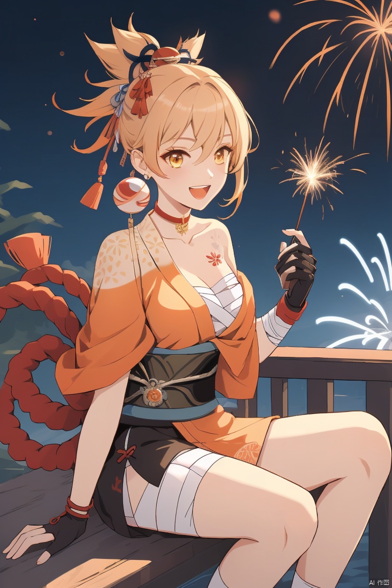 yoimiya , masterpiece,best quality, yoimiya,1girl, solo, breasts, smile, open mouth, bangs, blonde hair, hair ornament, gloves, cleavage, hair between eyes, sitting, yellow eyes, ponytail, :d, japanese clothes, choker, black gloves, fingerless gloves, kimono, orange eyes, sash, tattoo, night, bandages, obi, rope, night sky, sarashi, bandaged arm, vision \(genshin impact\), red choker, arm tattoo, shimenawa, bandaged leg, fireworks, chest tattoo, hadanugi dousa, orange kimono, single fingerless glove, sparkler, yoimiya \(genshin impact\)