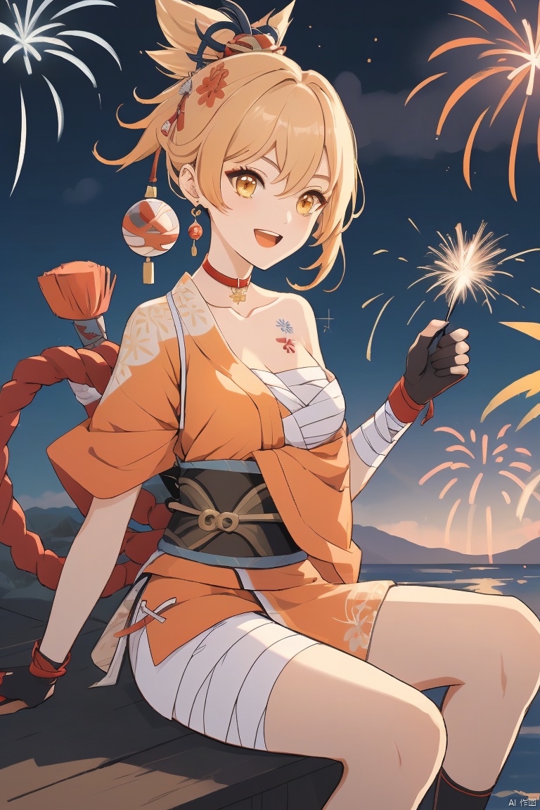 yoimiya , masterpiece,best quality, yoimiya,1girl, solo, breasts, smile, open mouth, bangs, blonde hair, hair ornament, gloves, cleavage, hair between eyes, sitting, yellow eyes, ponytail, :d, japanese clothes, choker, black gloves, fingerless gloves, kimono, orange eyes, sash, tattoo, night, bandages, obi, rope, night sky, sarashi, bandaged arm, vision \(genshin impact\), red choker, arm tattoo, shimenawa, bandaged leg, fireworks, chest tattoo, hadanugi dousa, orange kimono, single fingerless glove, sparkler, yoimiya \(genshin impact\)