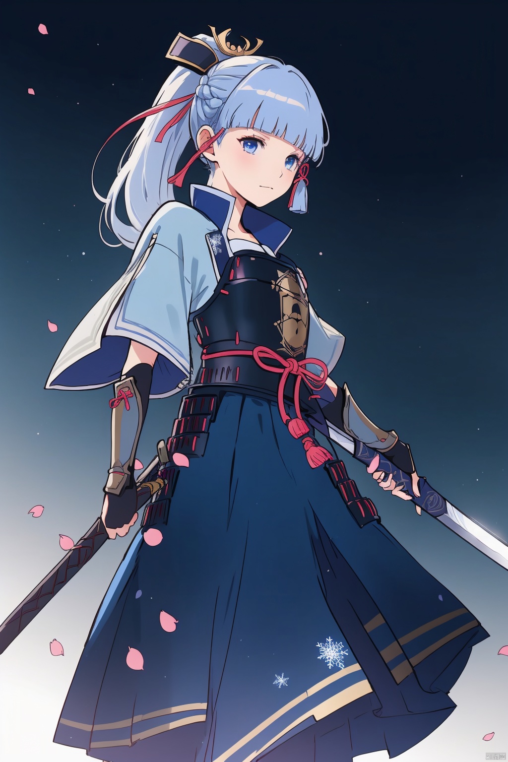 kamisato ayaka, 1girl, sword, weapon, solo, holding weapon, holding, holding sword, ponytail, long hair, bangs, ribbon, hair ribbon, blunt bangs, armor, snowflakes, hair ornament, arm guards, blue eyes, katana, tress ribbon, japanese clothes, sidelocks, blue hair, petals, japanese armor, skirt, gloves, closed mouth