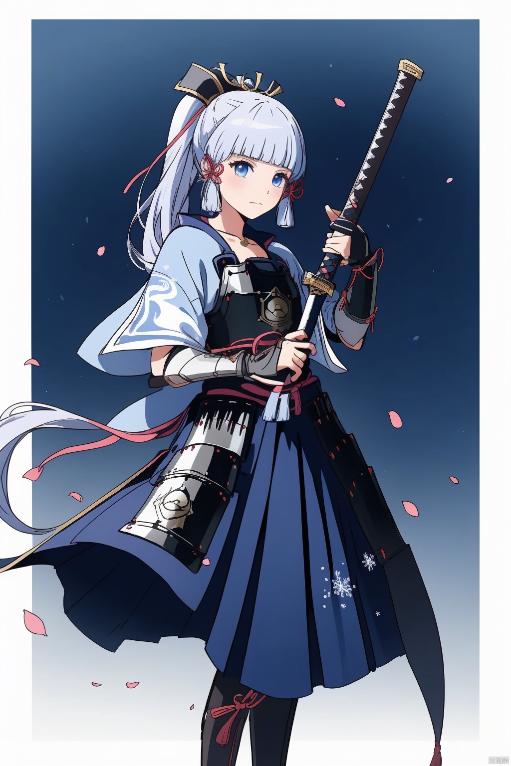  kamisato ayaka, 1girl, sword, weapon, solo, holding weapon, holding, holding sword, ponytail, long hair, bangs, ribbon, hair ribbon, blunt bangs, armor, snowflakes, hair ornament, arm guards, blue eyes, katana, tress ribbon, japanese clothes, sidelocks, blue hair, petals, japanese armor, skirt, gloves, closed mouth