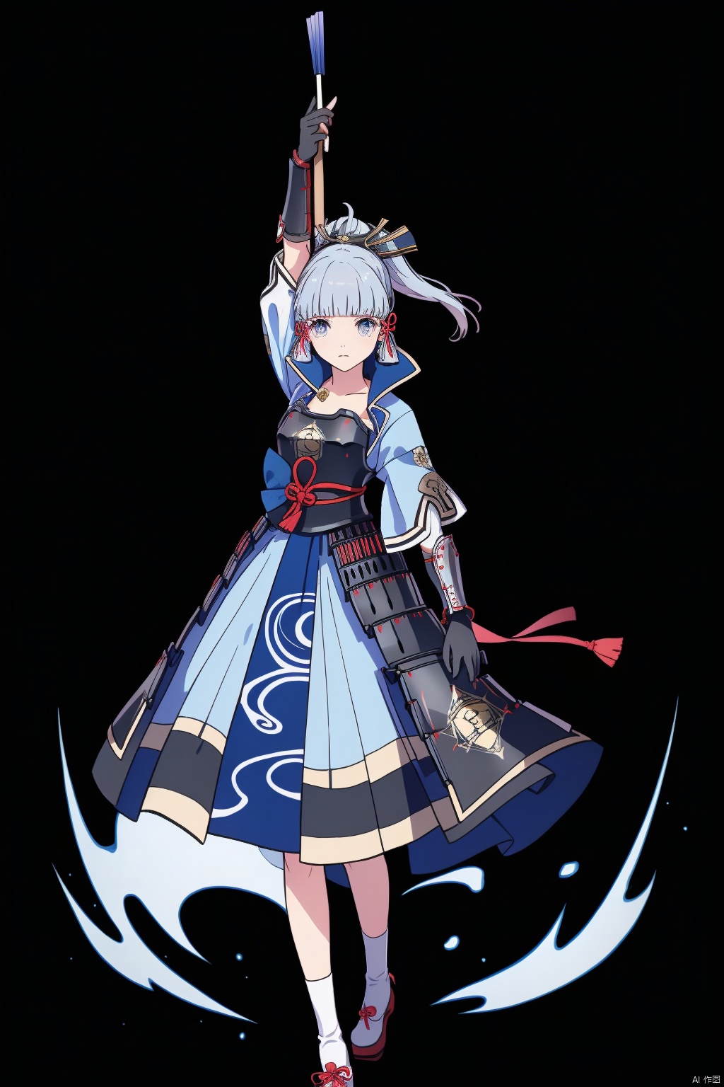 kamisato ayaka, 1girl, solo, hand fan, holding fan, holding, bangs, ice, armor, sidelocks, folding fan, blunt bangs, ponytail, long hair, armored dress, black background, looking at viewer, hair ribbon, simple background, hair ornament, japanese armor, japanese clothes, arm up, ribbon, tress ribbon, blue eyes, gloves, wide sleeves, grey eyes, breastplate, mole, standing, black gloves