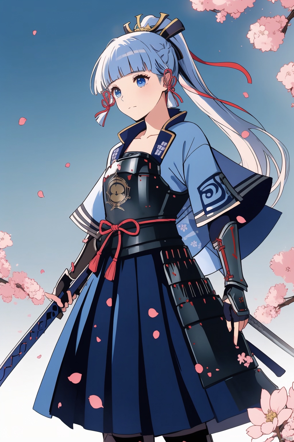  kamisato ayaka, 1girl, sword, weapon, solo, holding weapon, holding, holding sword, ponytail, long hair, bangs, ribbon, hair ribbon, blunt bangs, armor, snowflakes, hair ornament, arm guards, blue eyes, katana, tress ribbon, japanese clothes, sidelocks, blue hair, petals, japanese armor, skirt, gloves, closed mouth