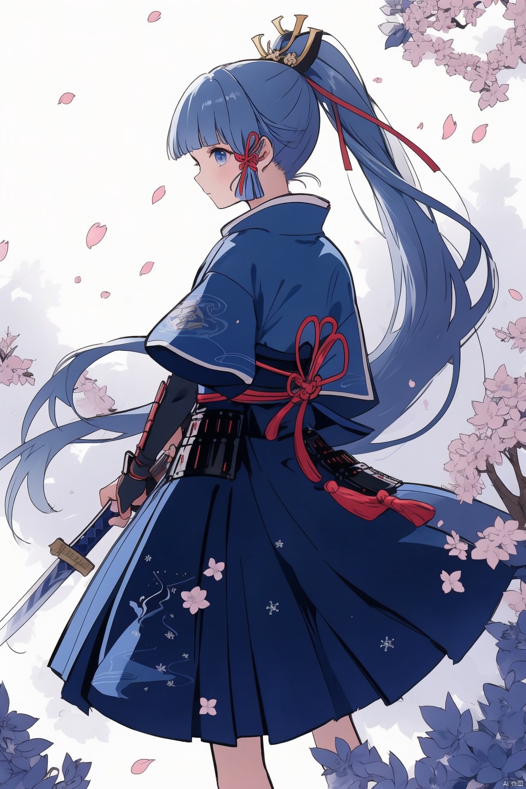 kamisato ayaka, 1girl, sword, weapon, solo, holding weapon, holding, holding sword, ponytail, long hair, bangs, ribbon, hair ribbon, blunt bangs, armor, snowflakes, hair ornament, arm guards, blue eyes, katana, tress ribbon, japanese clothes, sidelocks, blue hair, petals, japanese armor, skirt, gloves, closed mouth
