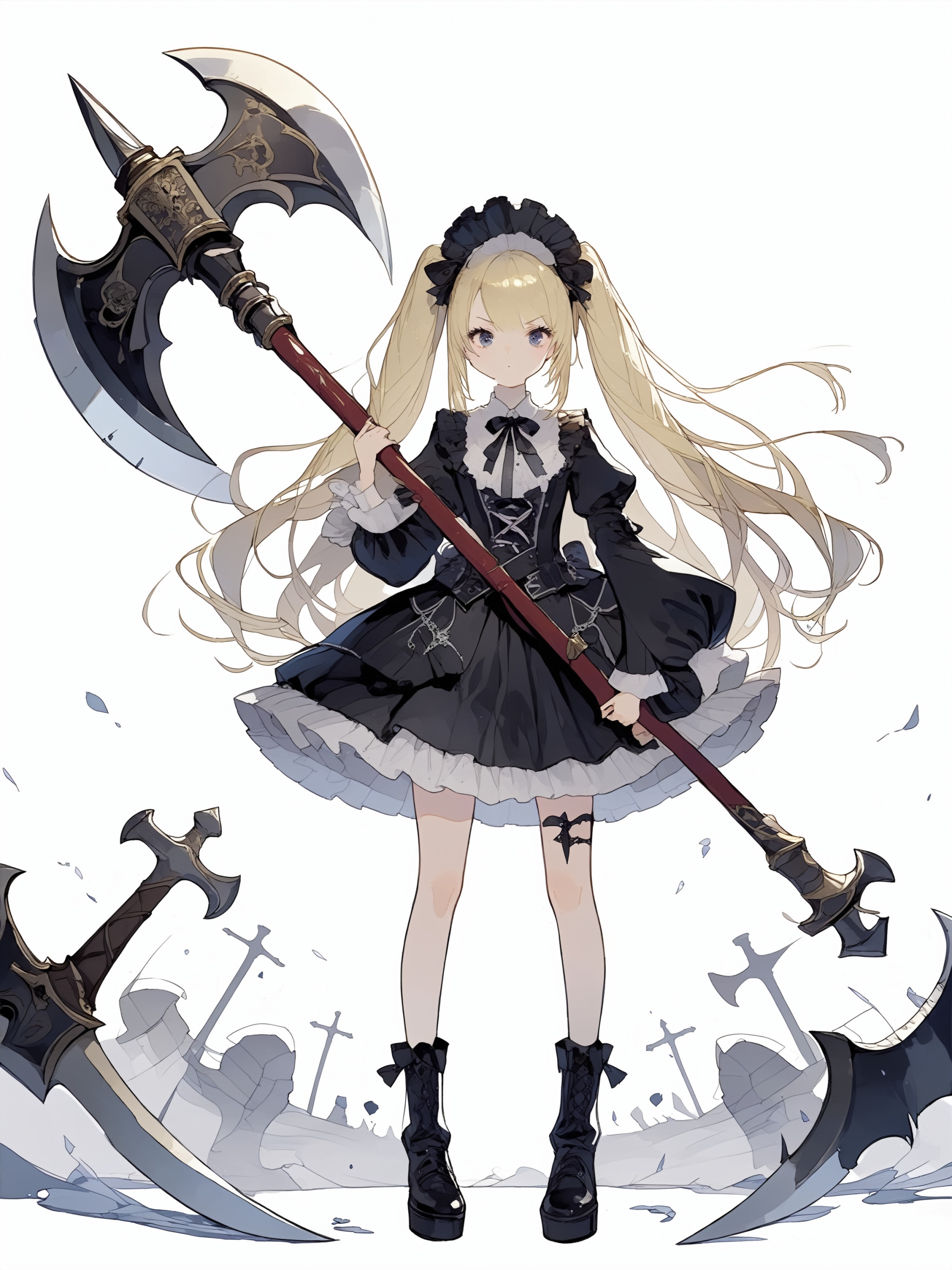 A girl standing with ,  The battle axe is bigger than the girl's height. Twin-tailed blonde hair. She is wearing a Gothic...
