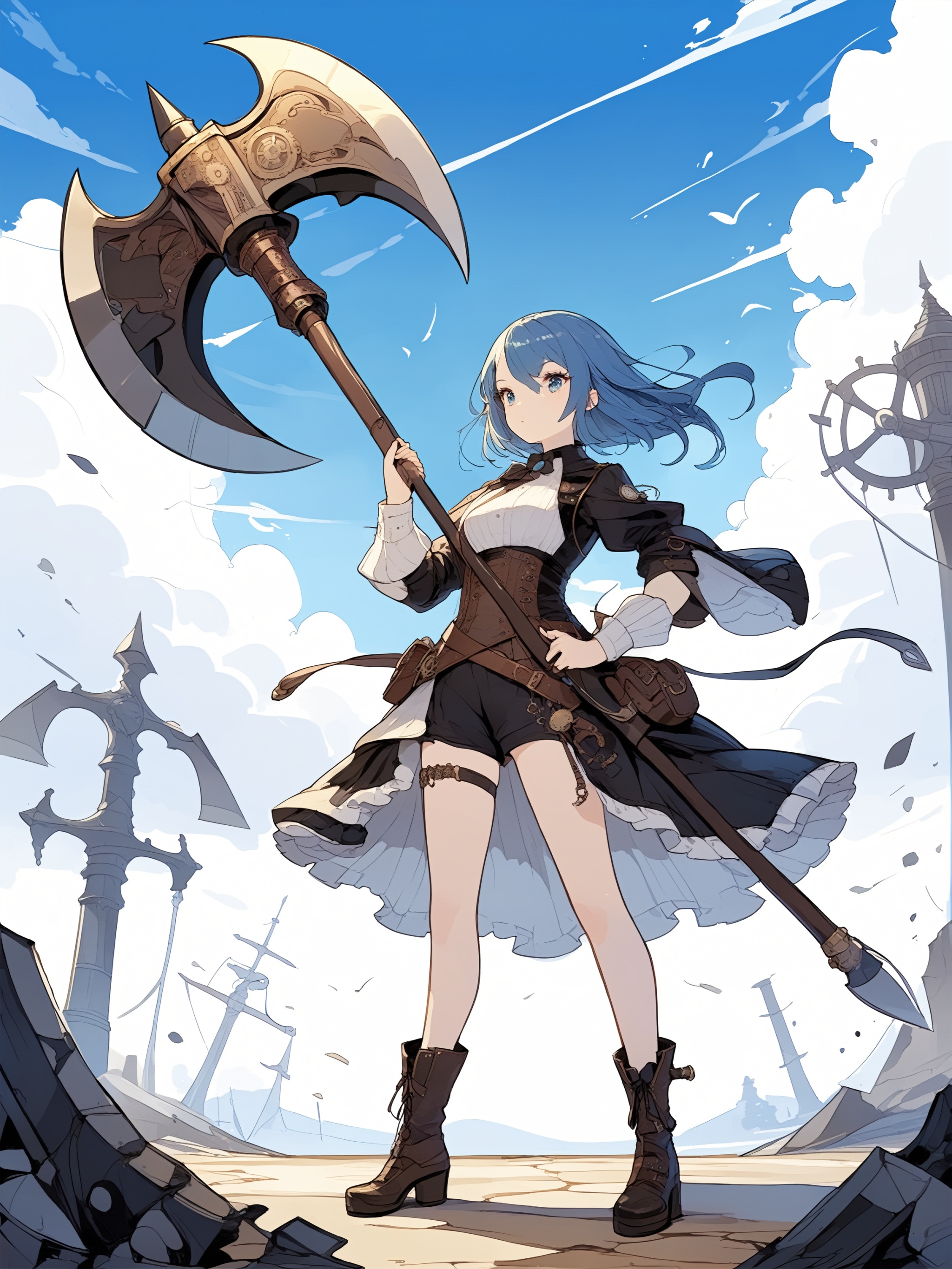A girl standing with ,  The battle axe is bigger than the girl's height. Short blue hair. Steampunk outfit. Beautiful eyes...