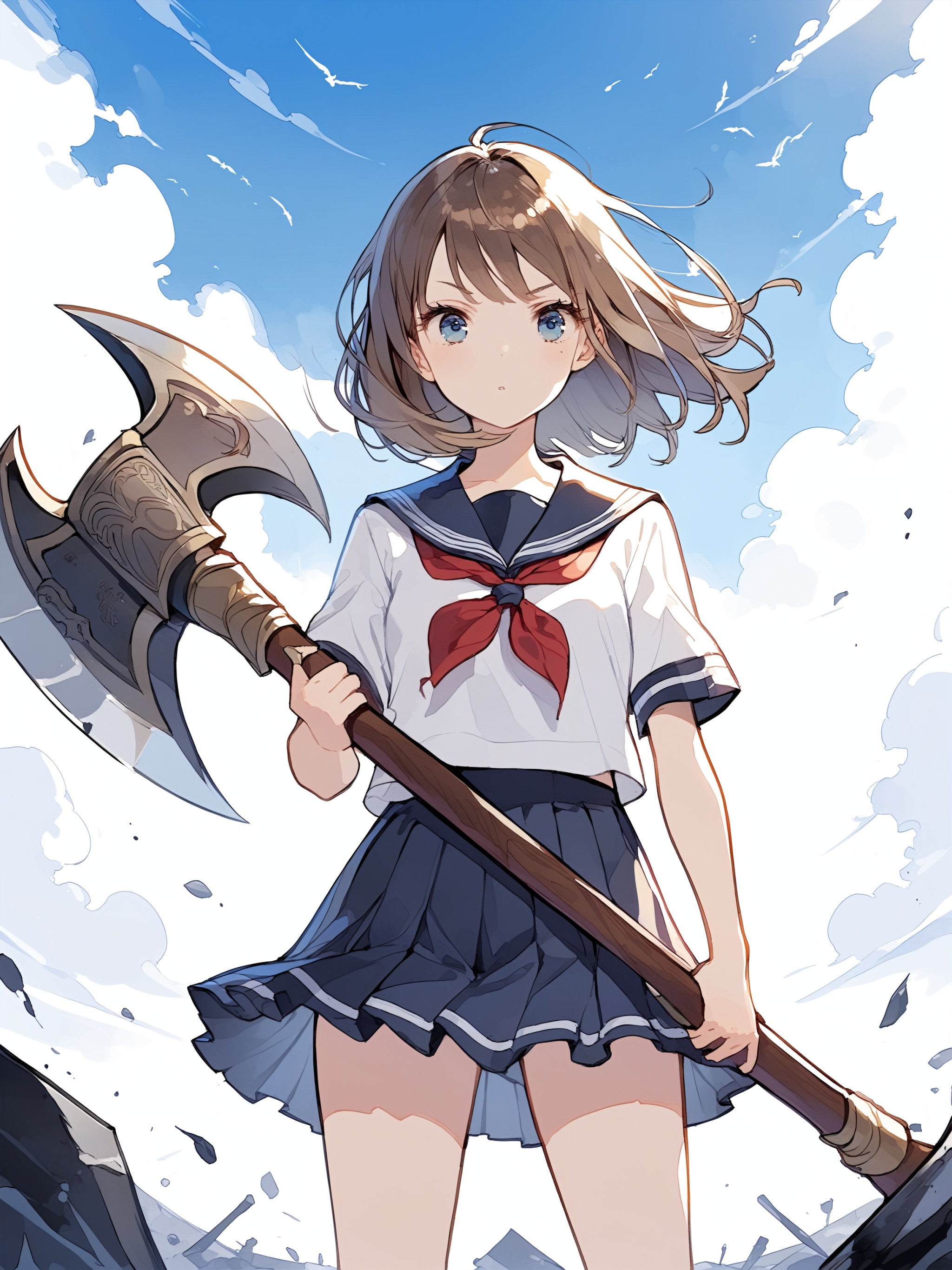 A girl standing with ,  The battle axe is bigger than the girl's height. Short brown hair. Serafuku. Beautiful eyes. Beaut...