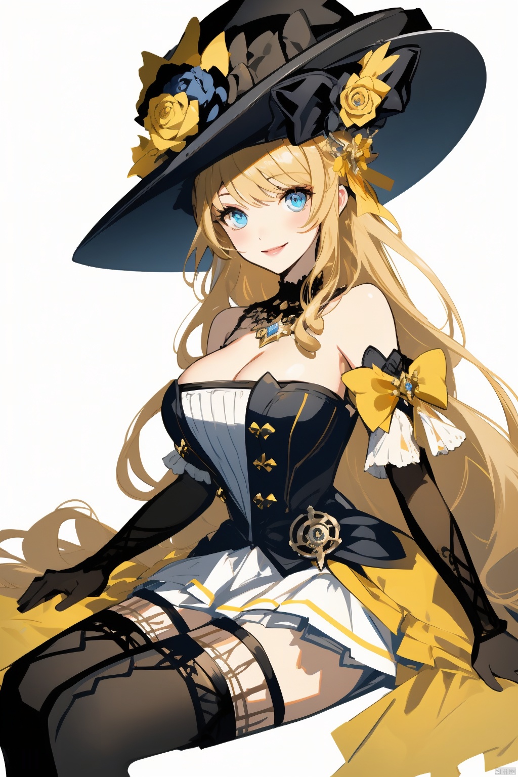 navia, 1girl, blue eyes, solo, long hair, hat, blonde hair, thighhighs, breasts, gloves, witch hat, flower, white background, black headwear, cleavage, sitting, dress, looking at viewer, simple background, yellow flower, smile, black flower, bangs, rose, very long hair, bare shoulders, yellow rose, closed mouth, elbow gloves, black thighhighs, large breasts, black gloves, skirt