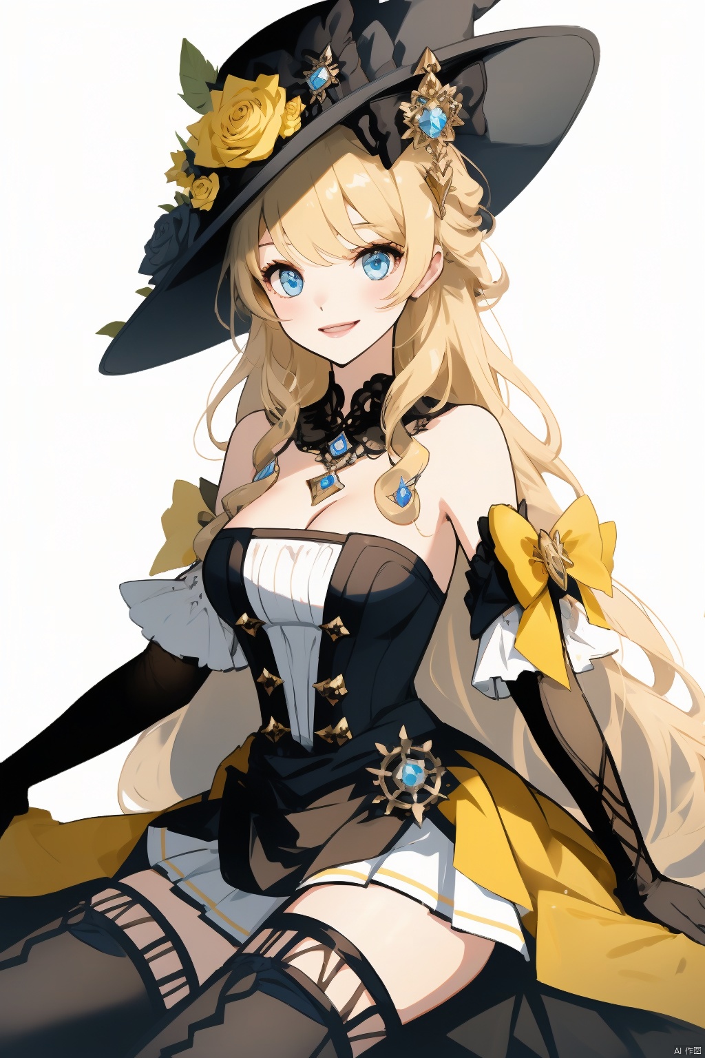 navia, 1girl, blue eyes, solo, long hair, hat, blonde hair, thighhighs, breasts, gloves, witch hat, flower, white background, black headwear, cleavage, sitting, dress, looking at viewer, simple background, yellow flower, smile, black flower, bangs, rose, very long hair, bare shoulders, yellow rose, closed mouth, elbow gloves, black thighhighs, large breasts, black gloves, skirt