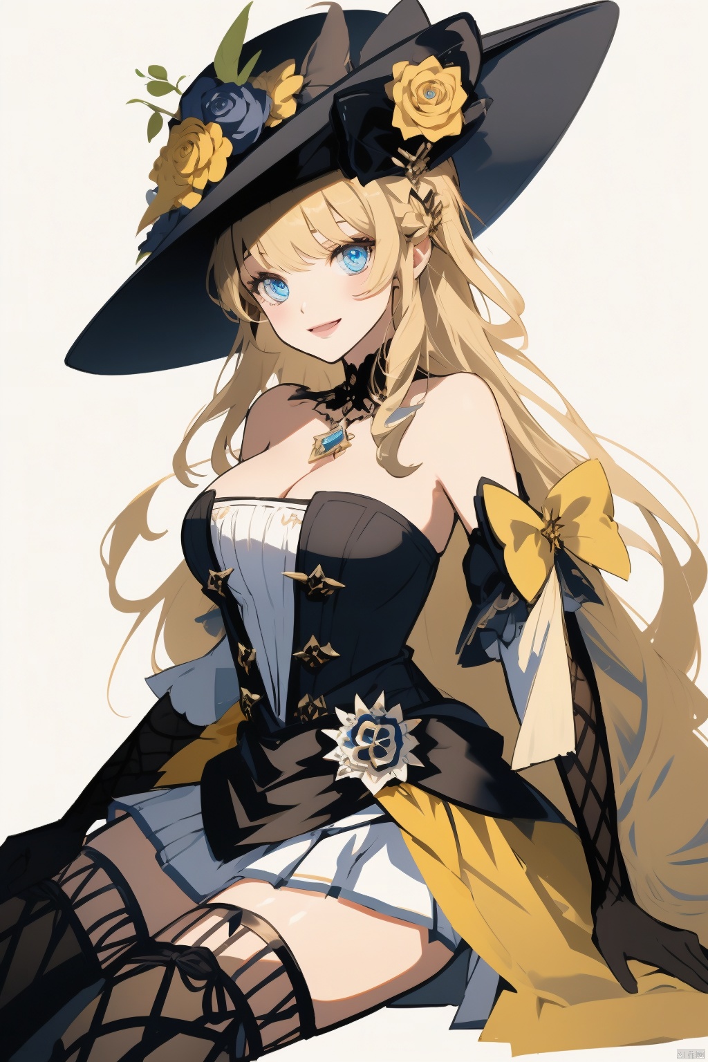 navia, 1girl, blue eyes, solo, long hair, hat, blonde hair, thighhighs, breasts, gloves, witch hat, flower, white background, black headwear, cleavage, sitting, dress, looking at viewer, simple background, yellow flower, smile, black flower, bangs, rose, very long hair, bare shoulders, yellow rose, closed mouth, elbow gloves, black thighhighs, large breasts, black gloves, skirt