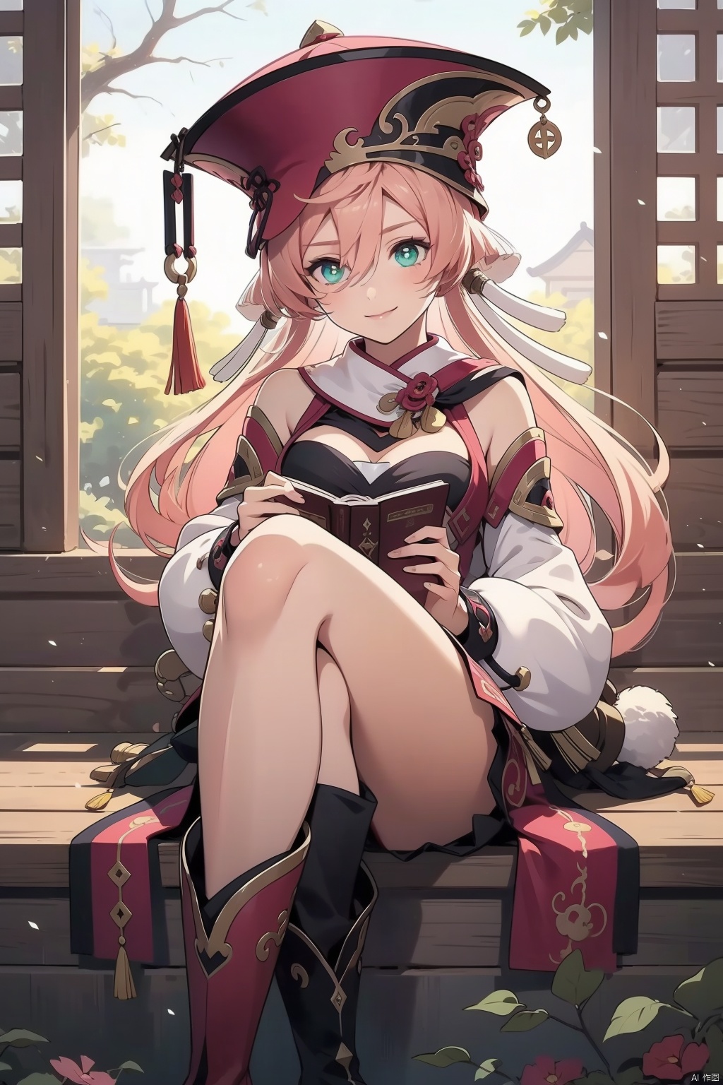 yanfei, 1girl, yanfei \(genshin impact\), solo, pink hair, book, smile, long hair, green eyes, sitting, looking at viewer, antlers, detached sleeves, red headwear, hat, boots, hair between eyes, breasts, long sleeves, bare shoulders