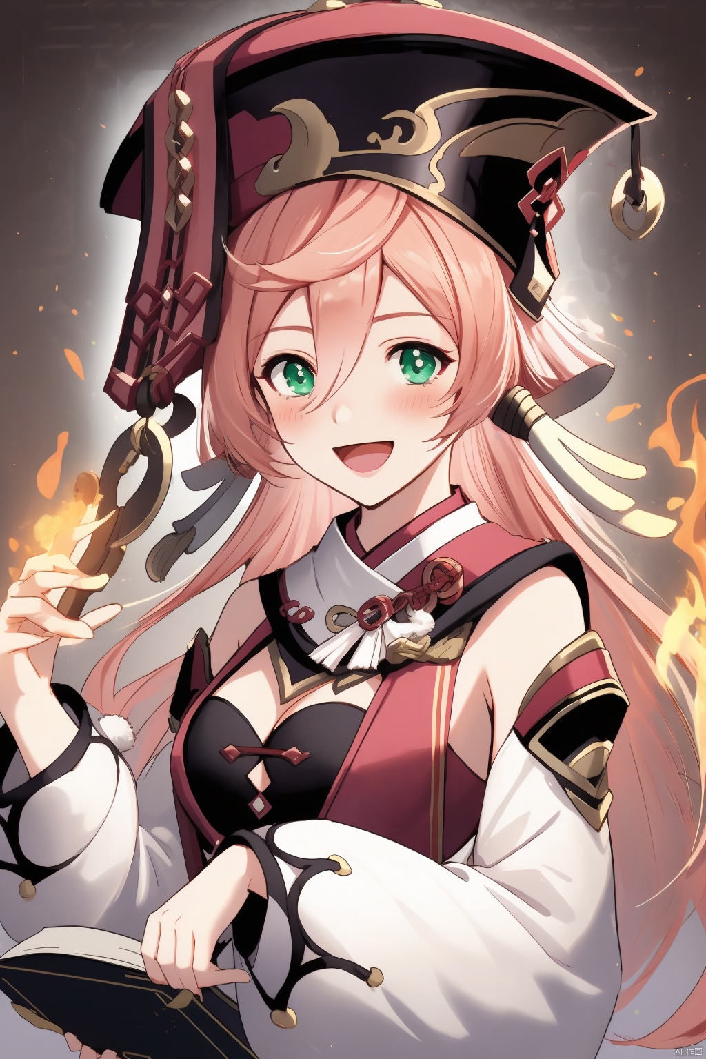 yanfei, 1girl, yanfei \(genshin impact\), solo, smile, green eyes, looking at viewer, long hair, pink hair, :d, breasts, open mouth, hair between eyes, bangs, cleavage, book, red headwear, small breasts, upper body, holding book, detached sleeves, holding, bare shoulders, antlers, long sleeves, blush, fire, hat, horns, sidelocks
