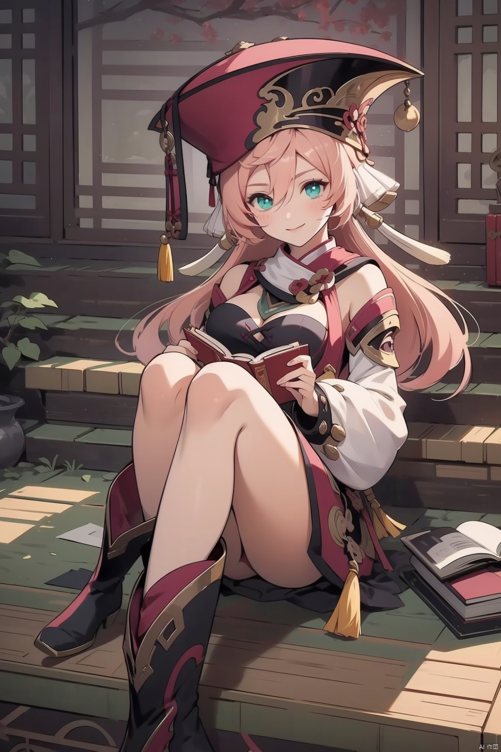yanfei, 1girl, yanfei \(genshin impact\), solo, pink hair, book, smile, long hair, green eyes, sitting, looking at viewer, antlers, detached sleeves, red headwear, hat, boots, hair between eyes, breasts, long sleeves, bare shoulders