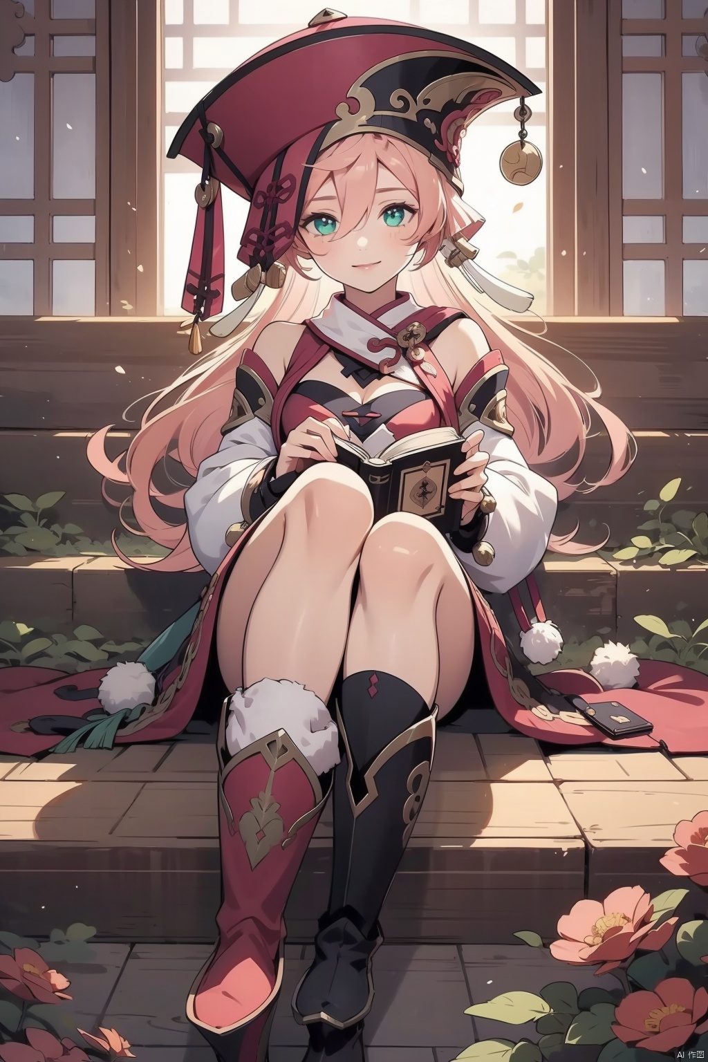 yanfei, 1girl, yanfei \(genshin impact\), solo, pink hair, book, smile, long hair, green eyes, sitting, looking at viewer, antlers, detached sleeves, red headwear, hat, boots, hair between eyes, breasts, long sleeves, bare shoulders