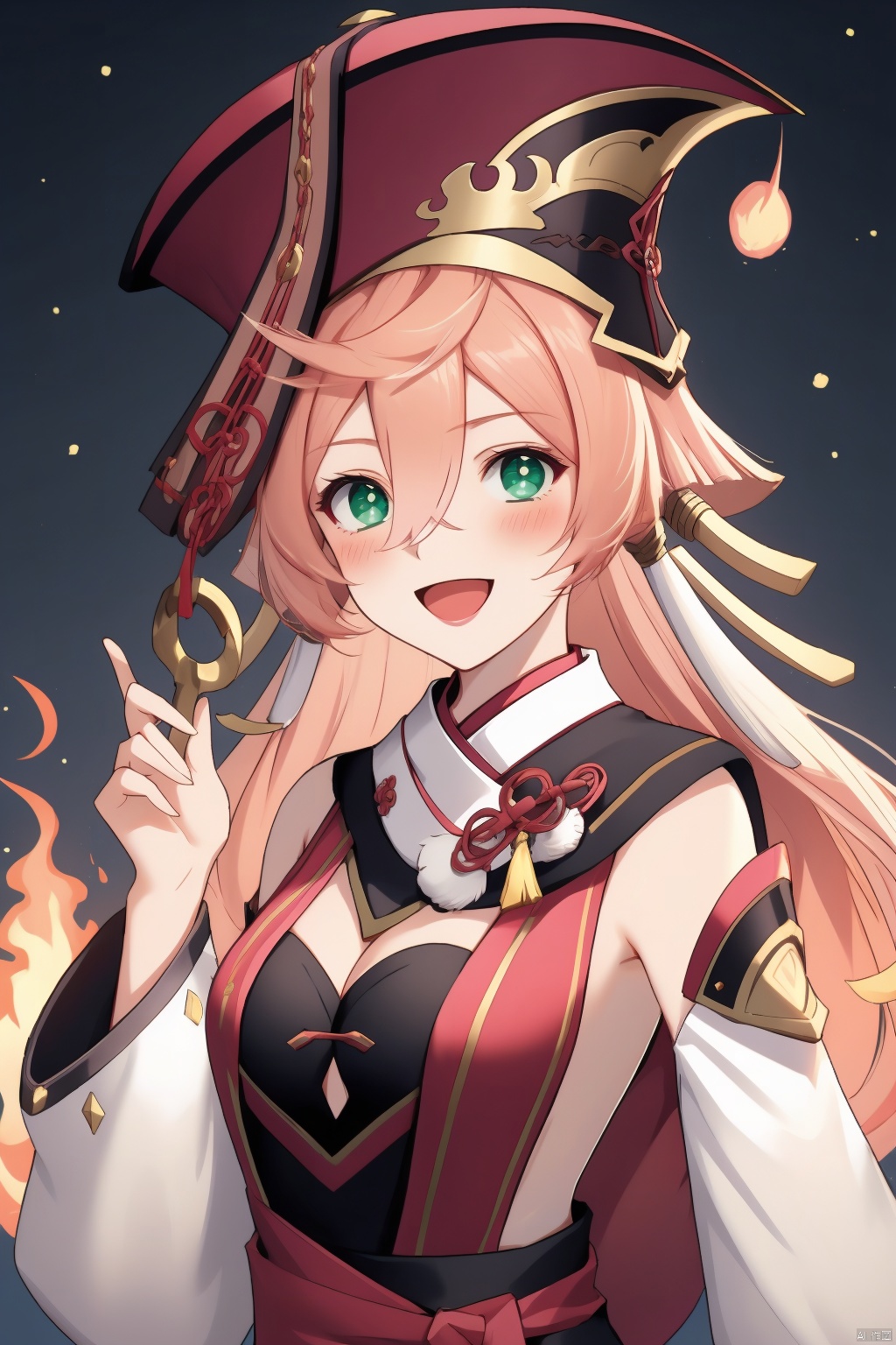 yanfei, 1girl, yanfei \(genshin impact\), solo, smile, green eyes, looking at viewer, long hair, pink hair, :d, breasts, open mouth, hair between eyes, bangs, cleavage, book, red headwear, small breasts, upper body, holding book, detached sleeves, holding, bare shoulders, antlers, long sleeves, blush, fire, hat, horns, sidelocks