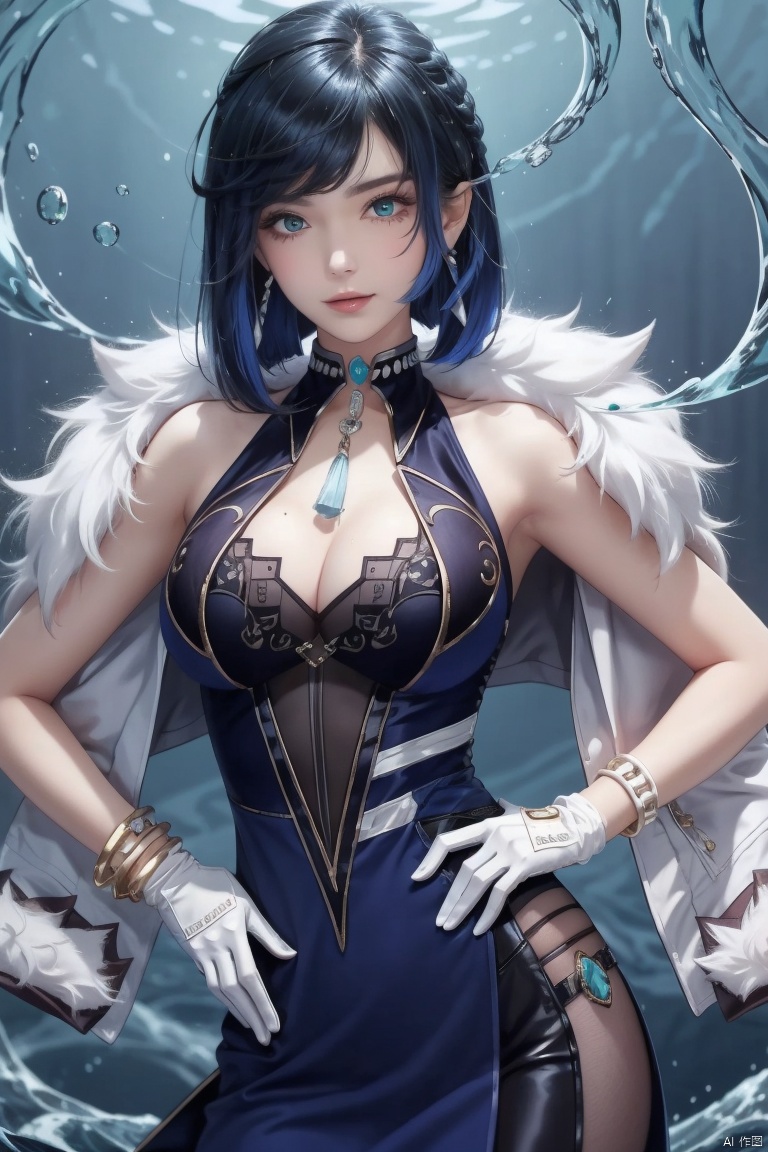 yelan, 1girl, yelan \(genshin impact\), breasts, solo, gloves, bangs, blue hair, short hair, cleavage, looking at viewer, hand on hip, large breasts, jewelry, mole, mole on breast, vision \(genshin impact\), fur trim, green eyes, bare shoulders, water, jacket, smile, earrings, white jacket, diagonal bangs, parted lips, jacket on shoulders, white gloves, dice, cowboy shot, bracelet, black gloves, blunt bangs, elbow gloves, bob cut, asymmetrical gloves, dress, blue dress, sleeveless, fur-trimmed jacket, hand on own chest, pelvic curtain